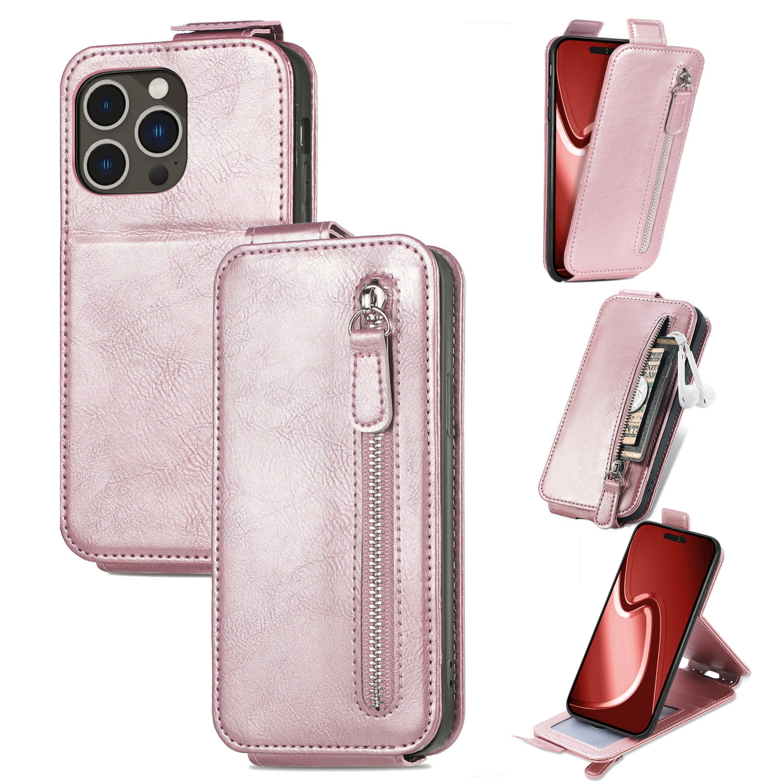 For iPhone 16 Pro Zipper Wallet Vertical Flip Leather Phone Case(Rose Gold) For iPhone 16 Pro Zipper Wallet Vertical Flip Leather Phone Case(Rose Gold)