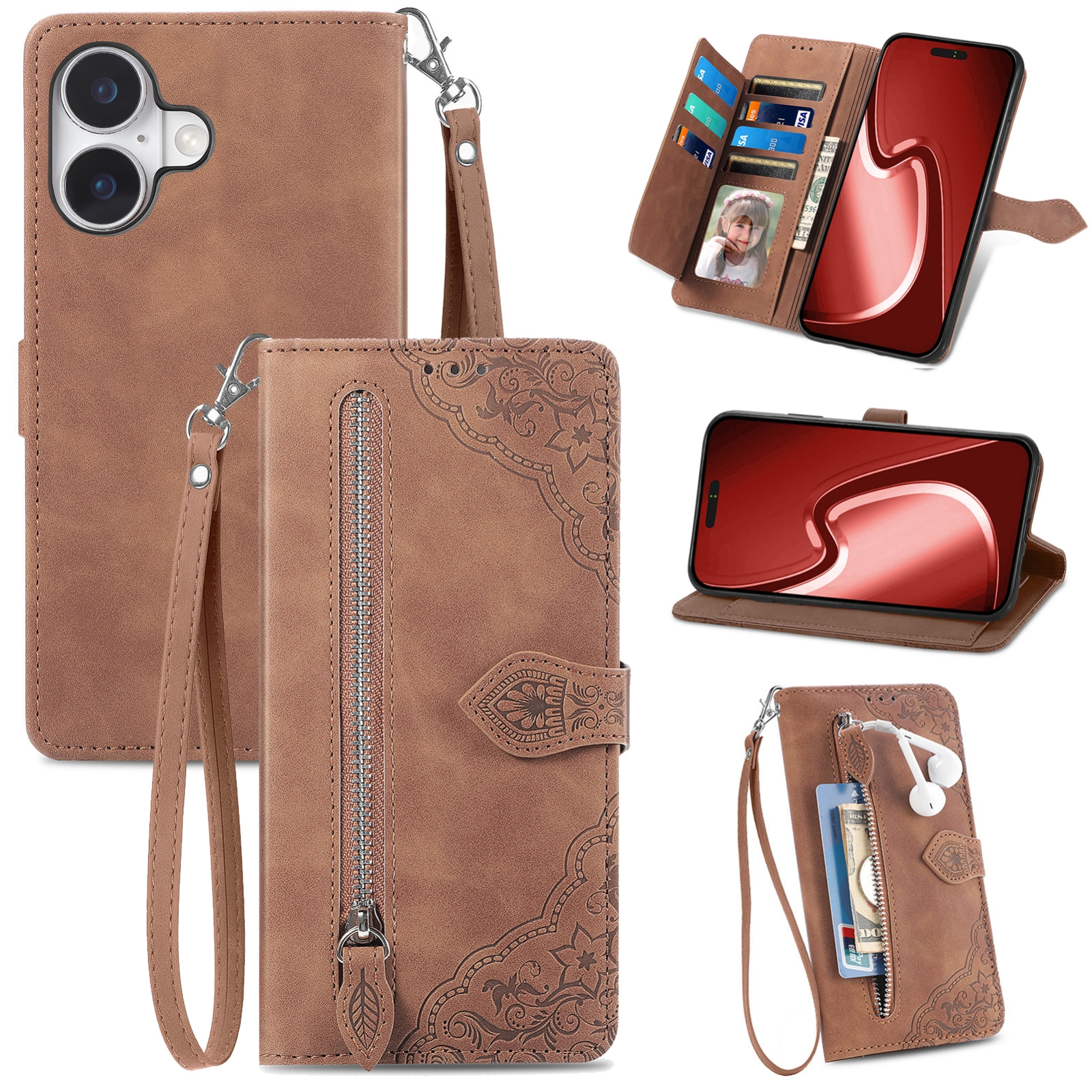 For iPhone 16 Embossed Flower Zipper Leather Phone Case(Brown) For iPhone 16 Embossed Flower Zipper Leather Phone Case(Brown)
