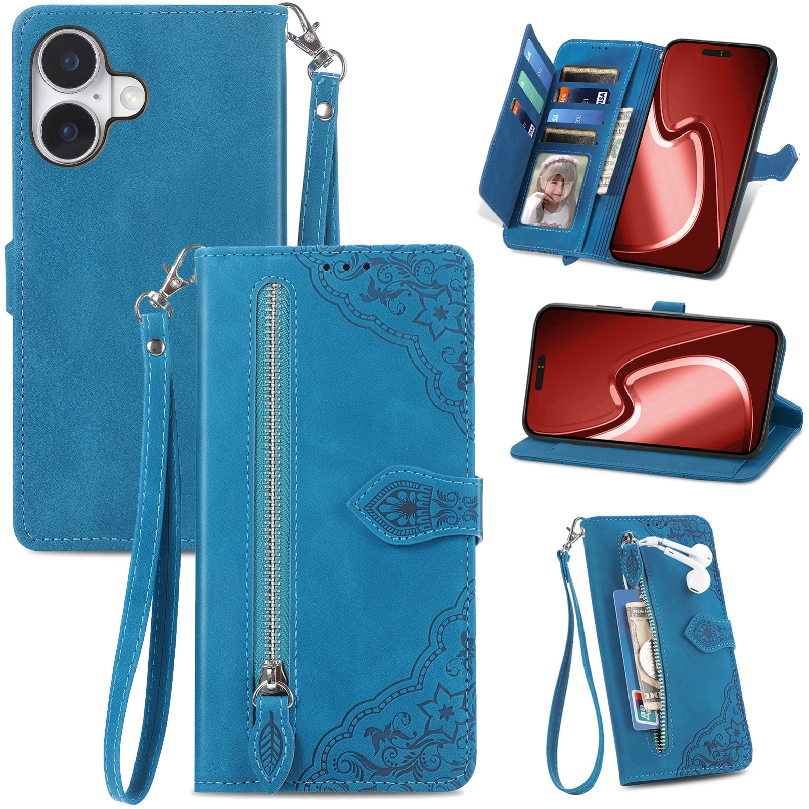 For iPhone 16 Plus Embossed Flower Zipper Leather Phone Case(Blue) For iPhone 16 Plus Embossed Flower Zipper Leather Phone Case(Blue)