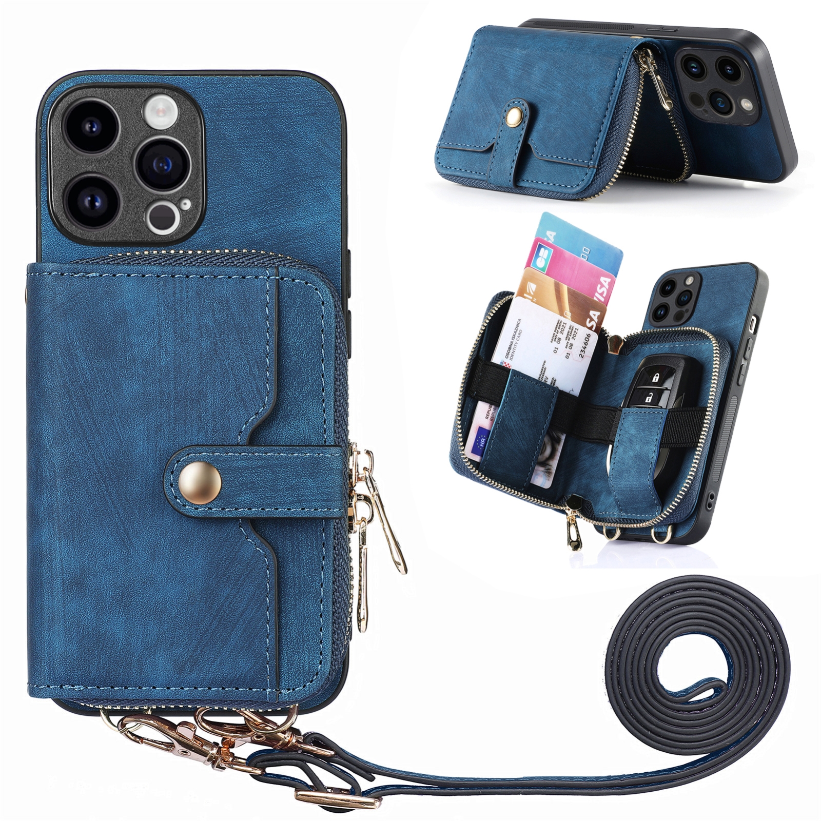 For iPhone 15 Pro Crossbody Multi-function Zipper Wallet Phone Case(Blue) For iPhone 15 Pro Crossbody Multi-function Zipper Wallet Phone Case(Blue)
