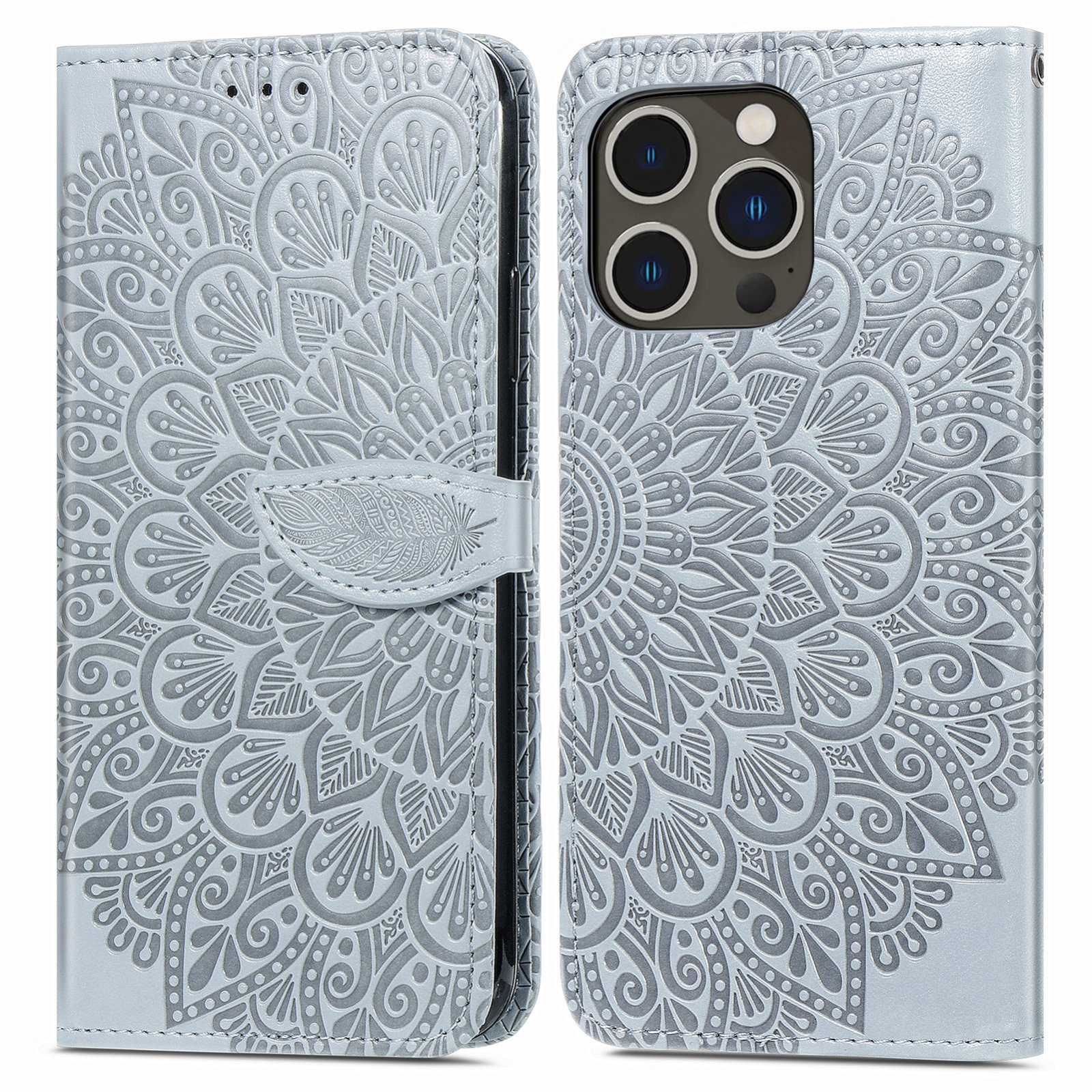 For iPhone 15 Pro Blooming Mandala Embossed Wings Buckle Leather Phone Case(Grey) For iPhone 15 Pro Blooming Mandala Embossed Wings Buckle Leather Phone Case(Grey)