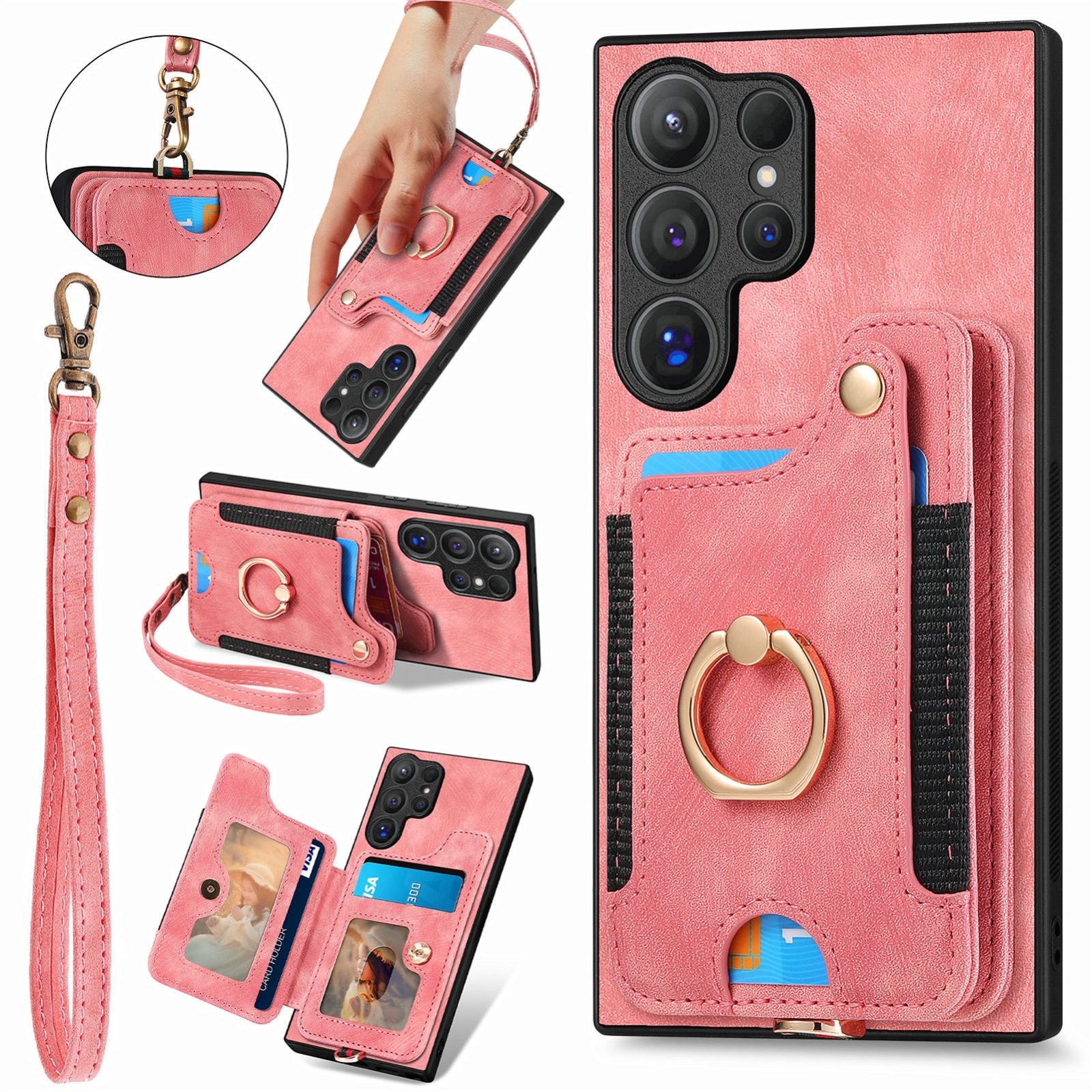 For Samsung Galaxy S24 Ultra 5G Retro Skin-feel Ring Multi-card Wallet Phone Case(Pink) For Samsung Galaxy S24 Ultra 5G Retro Skin-feel Ring Multi-card Wallet Phone Case(Pink)