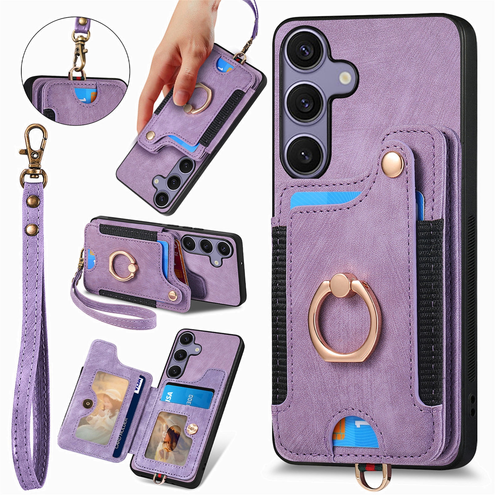 For Samsung Galaxy S25+ 5G Retro Skin-feel Ring Multi-card Wallet Phone Case(Purple) For Samsung Galaxy S25+ 5G Retro Skin-feel Ring Multi-card Wallet Phone Case(Purple)
