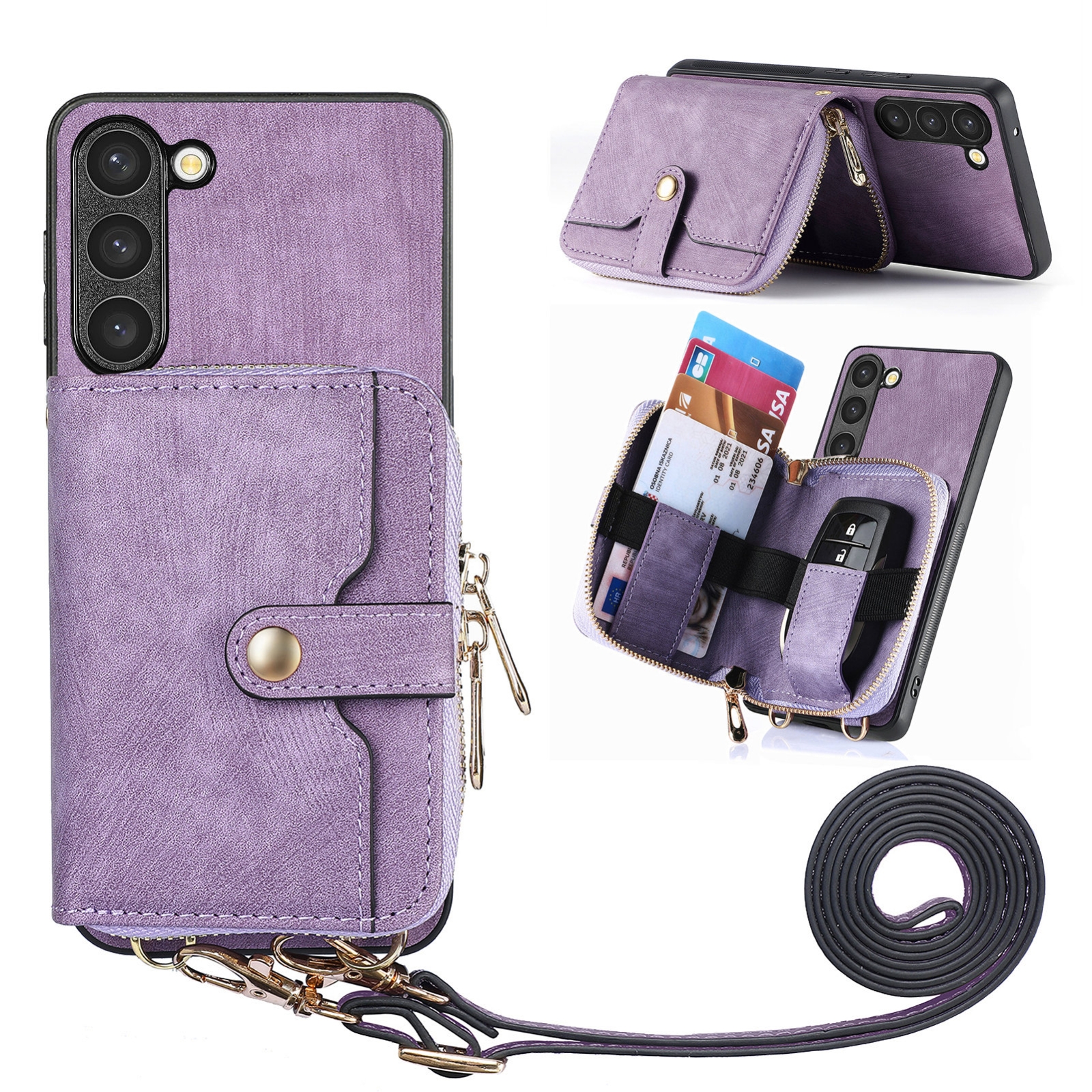 For Samsung Galaxy S23+ 5G Crossbody Multi-function Zipper Wallet Phone Case(Purple) For Samsung Galaxy S23+ 5G Crossbody Multi-function Zipper Wallet Phone Case(Purple)