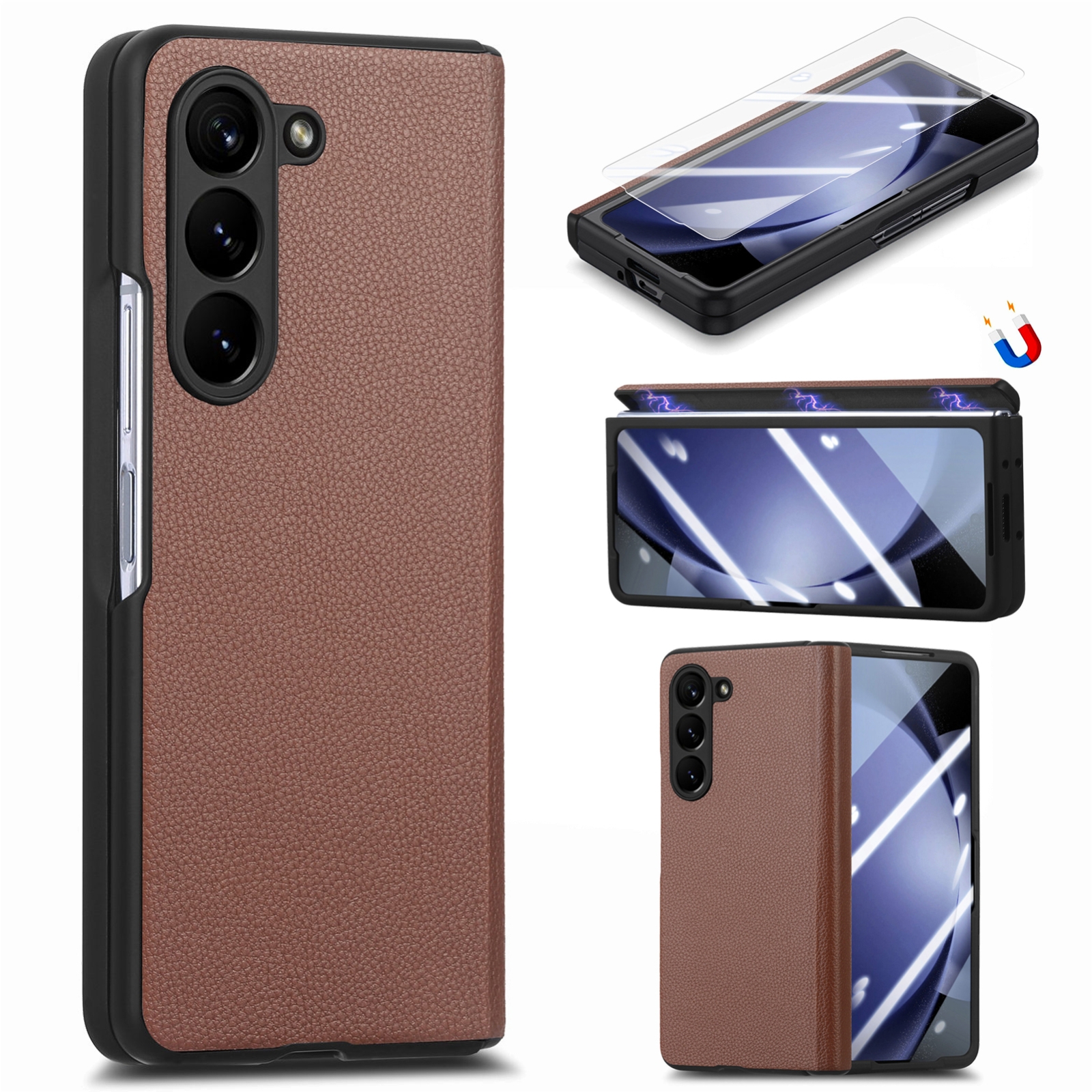 For Samsung Galaxy Z Fold5 5G Litchi Integrated Film Electroplated Magnetic Hinge Leather Phone Case(Brown) For Samsung Galaxy Z Fold5 5G Litchi Integrated Film Electroplated Magnetic Hinge Leather Phone Case(Brown)
