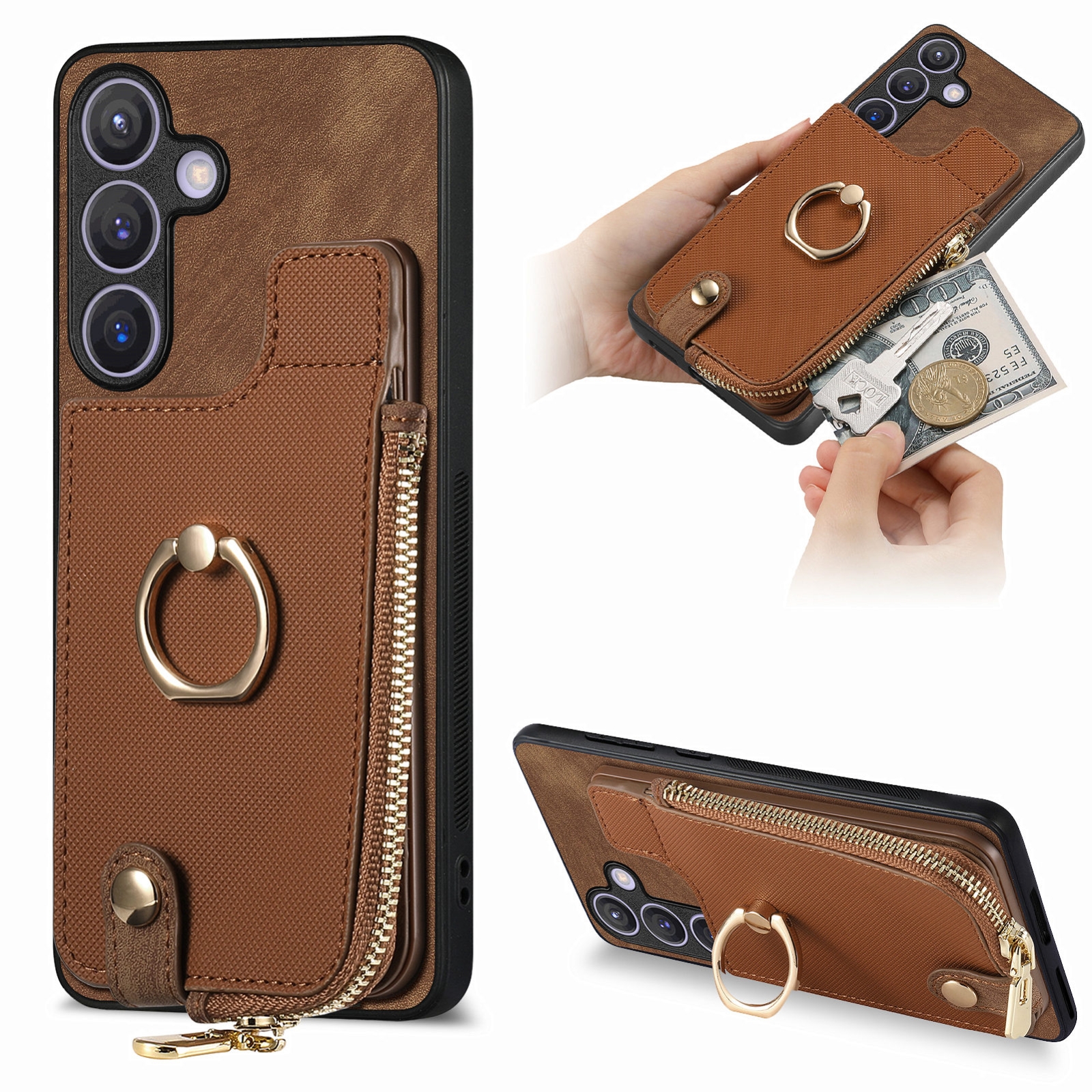 For Samsung Galaxy S24 5G Cross Leather Ring Vertical Zipper Wallet Back Phone Case(Brown) For Samsung Galaxy S24 5G Cross Leather Ring Vertical Zipper Wallet Back Phone Case(Brown)