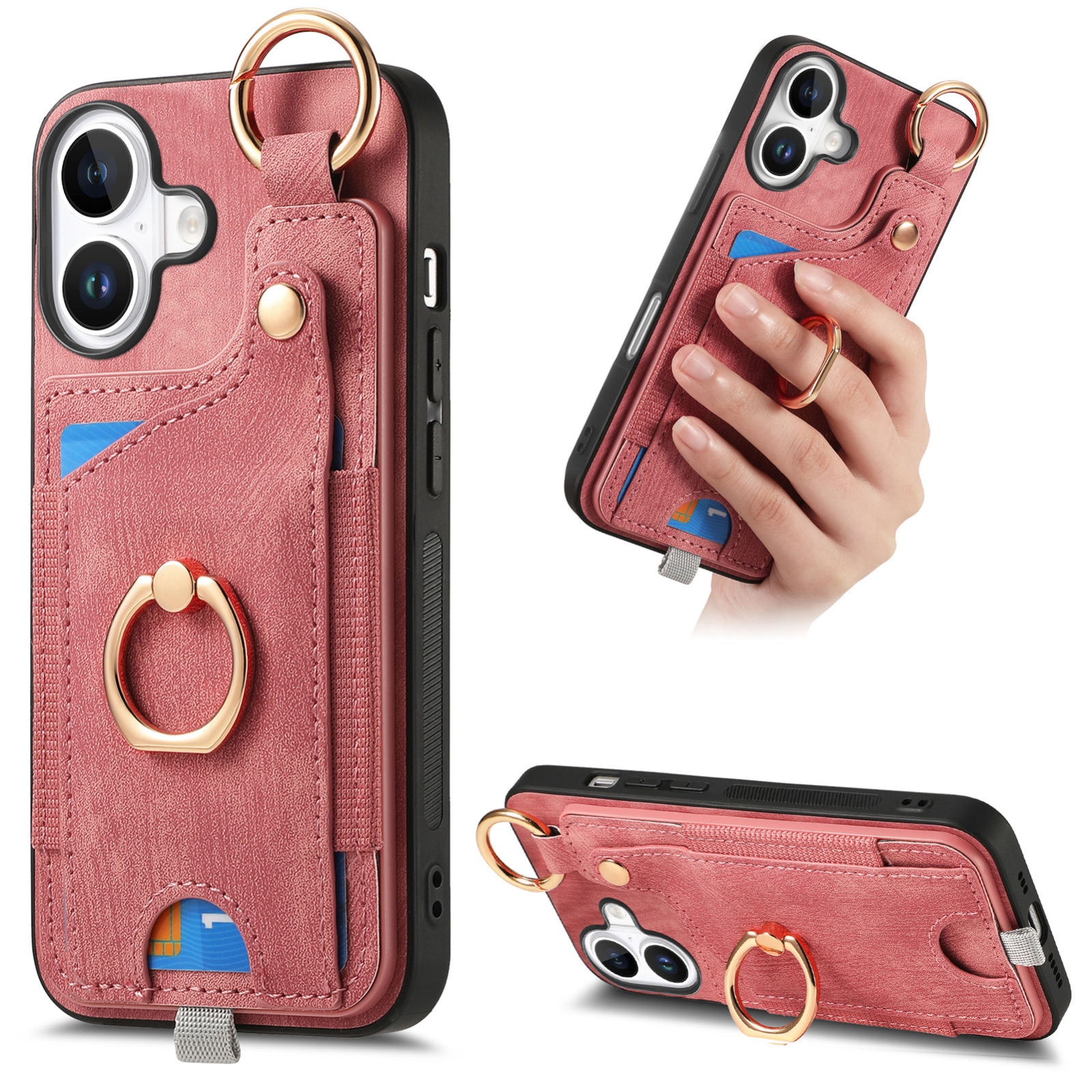 For iPhone 16 Plus Retro Skin-feel Ring Card Bag Phone Case with Hang Loop(Pink) For iPhone 16 Plus Retro Skin-feel Ring Card Bag Phone Case with Hang Loop(Pink)