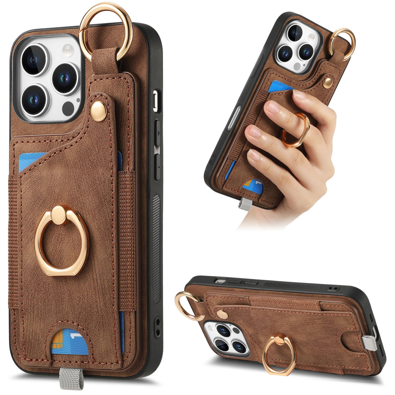 For iPhone 16 Pro Retro Skin-feel Ring Card Bag Phone Case with Hang Loop(Brown) For iPhone 16 Pro Retro Skin-feel Ring Card Bag Phone Case with Hang Loop(Brown)