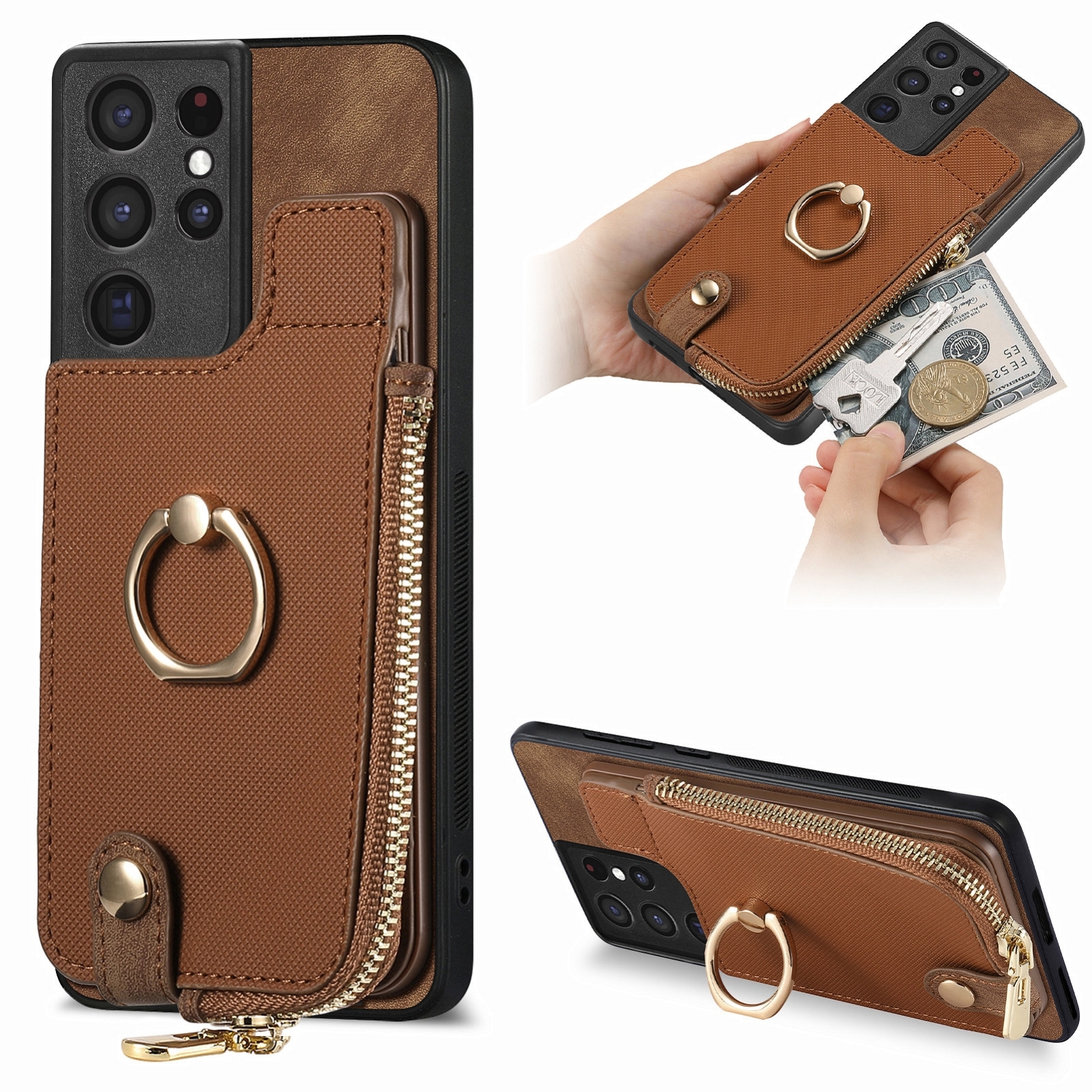 For Samsung Galaxy S24 Ultra 5G Cross Leather Ring Vertical Zipper Wallet Back Phone Case(Brown) For Samsung Galaxy S24 Ultra 5G Cross Leather Ring Vertical Zipper Wallet Back Phone Case(Brown)