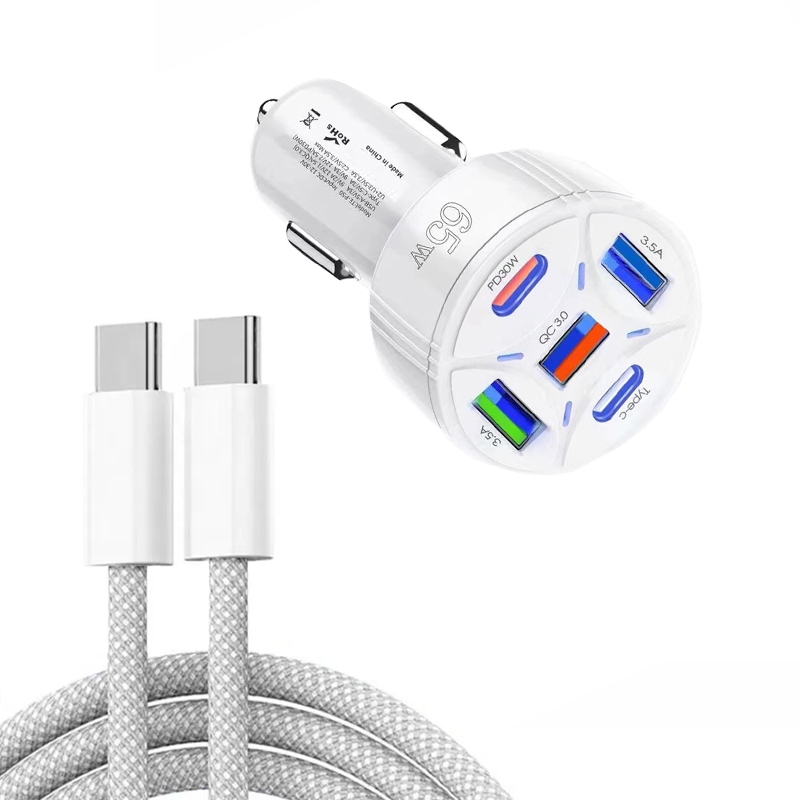 TE-P50 65W PD30W Type-C x 2 + USB x 3 Multi Port Car Charger with 1m Type-C to Type-C Data Cable(White) TE-P50 65W PD30W Type-C x 2 + USB x 3 Multi Port Car Charger with 1m Type-C to Type-C Data Cable(White)