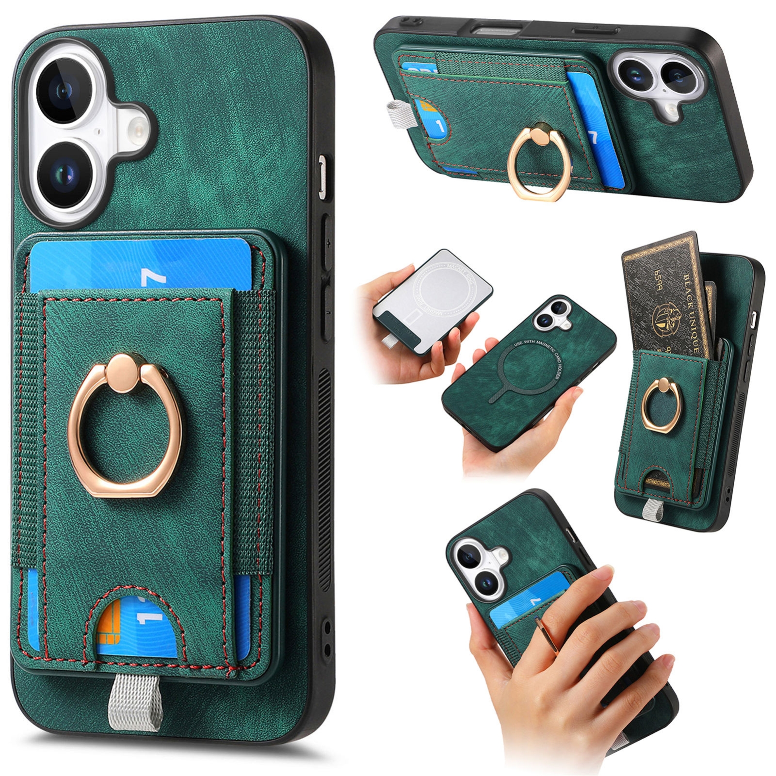 For iPhone 16 Retro Splitable Magnetic Card Bag Leather Phone Case(Green) For iPhone 16 Retro Splitable Magnetic Card Bag Leather Phone Case(Green)