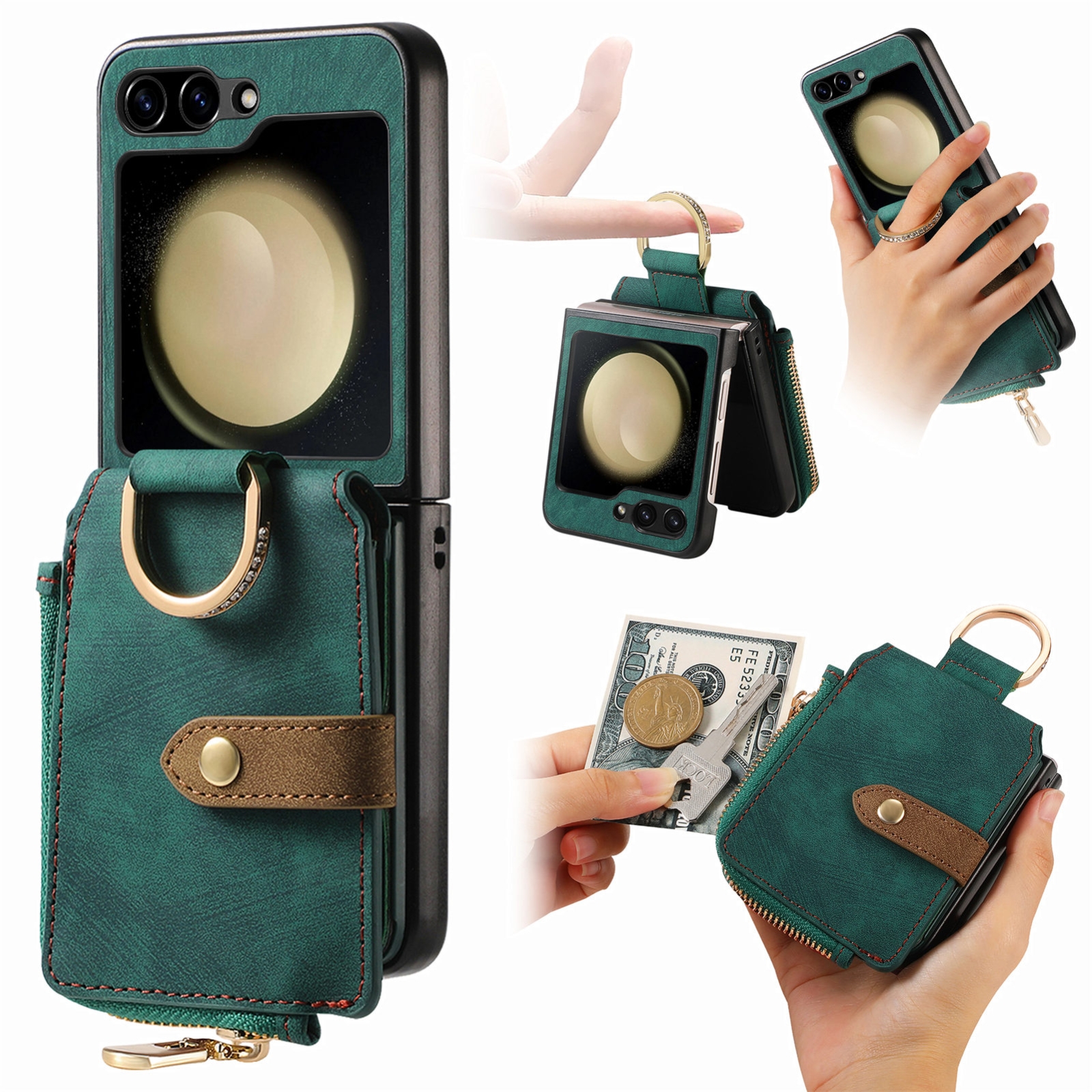 For Samsung Galaxy Z Flip5 5G Retro Skin-feel Ring Zipper Wallet Phone Case(Green)