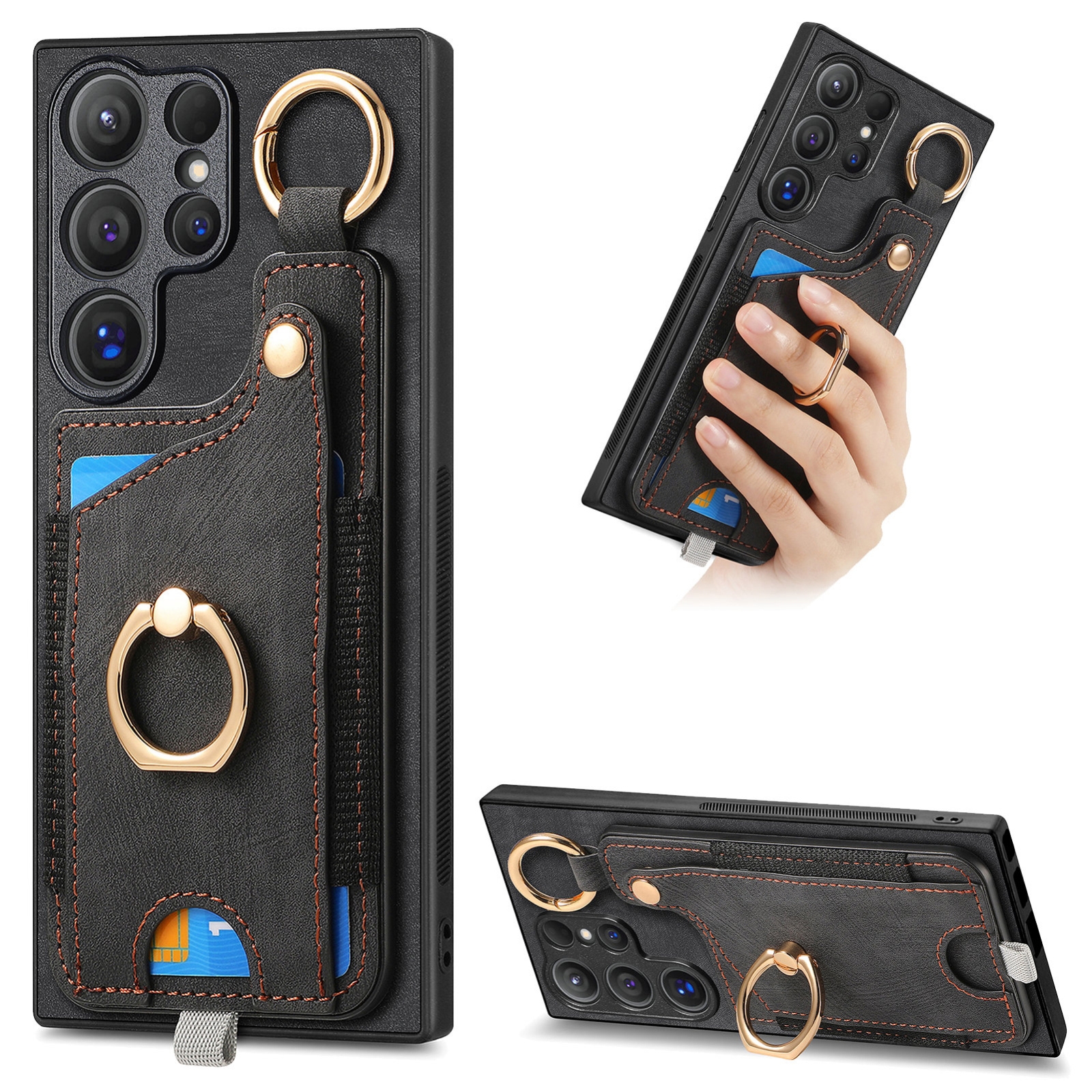 For Samsung Galaxy S22 Ultra 5G Retro Skin-feel Ring Card Bag Phone Case with Hang Loop(Black) For Samsung Galaxy S22 Ultra 5G Retro Skin-feel Ring Card Bag Phone Case with Hang Loop(Black)