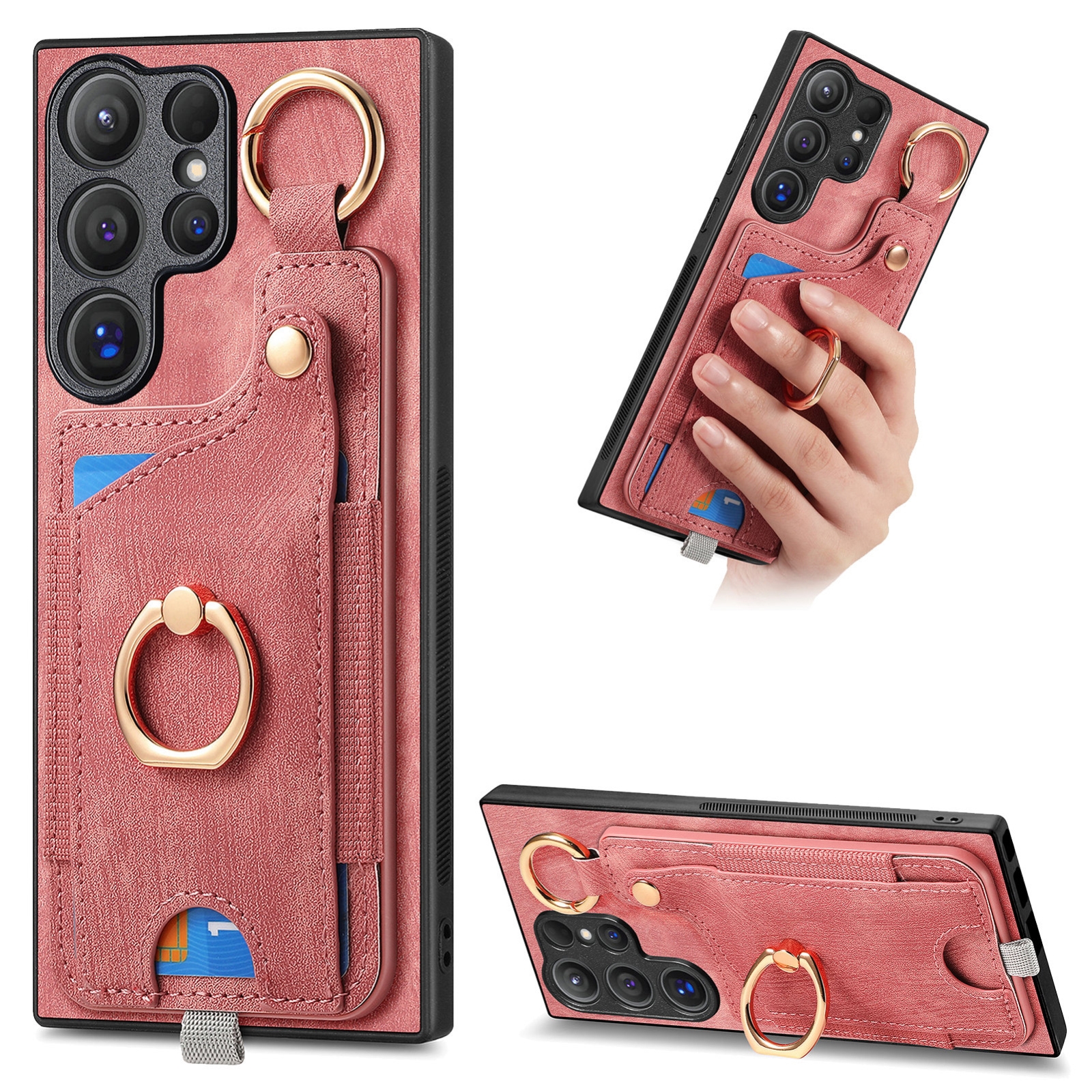 For Samsung Galaxy S24 Ultra 5G Retro Skin-feel Ring Card Bag Phone Case with Hang Loop(Pink) For Samsung Galaxy S24 Ultra 5G Retro Skin-feel Ring Card Bag Phone Case with Hang Loop(Pink)