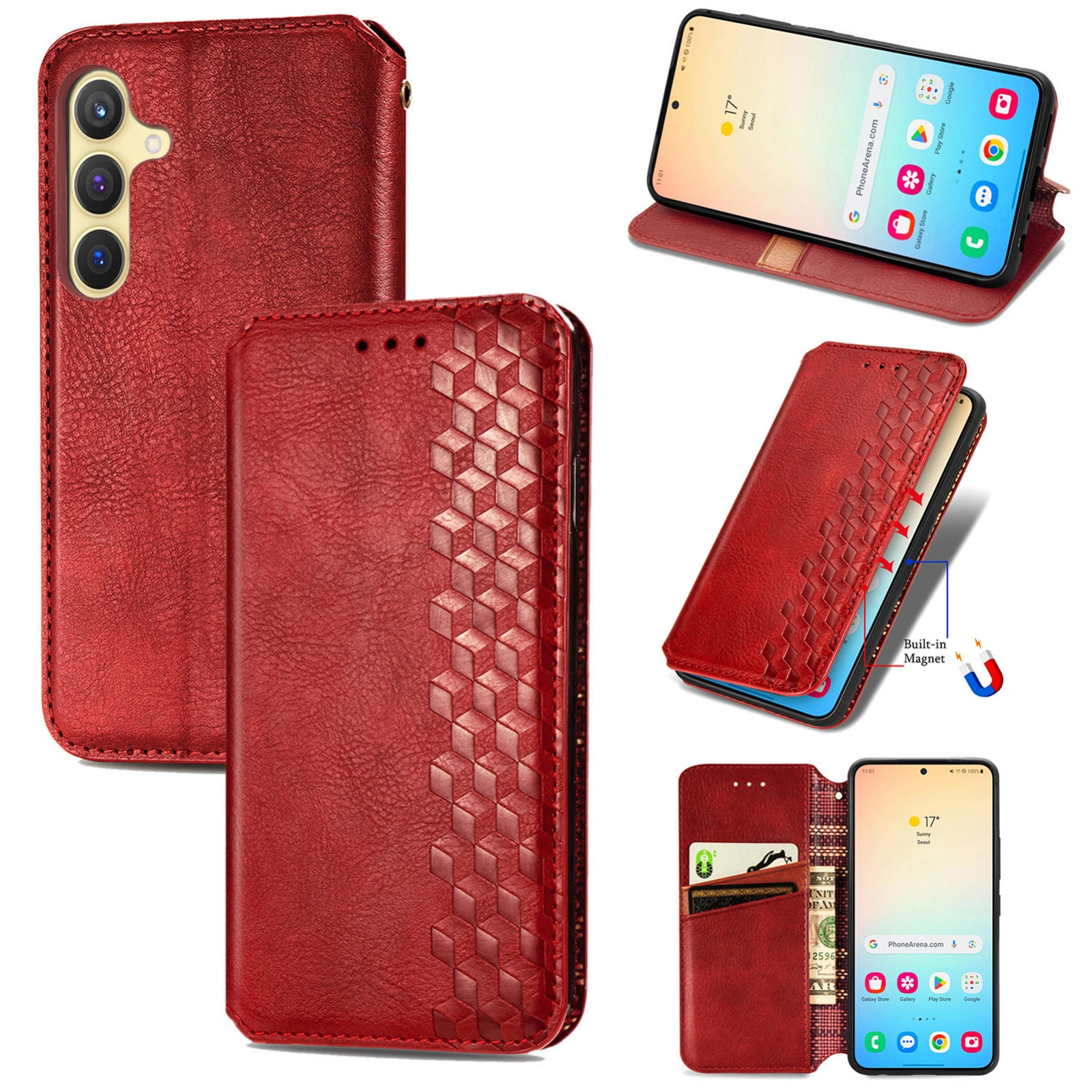 For Samsung Galaxy S24 5G Cubic Grid Pressed Magnetic Leather Phone Case(Red) For Samsung Galaxy S24 5G Cubic Grid Pressed Magnetic Leather Phone Case(Red)