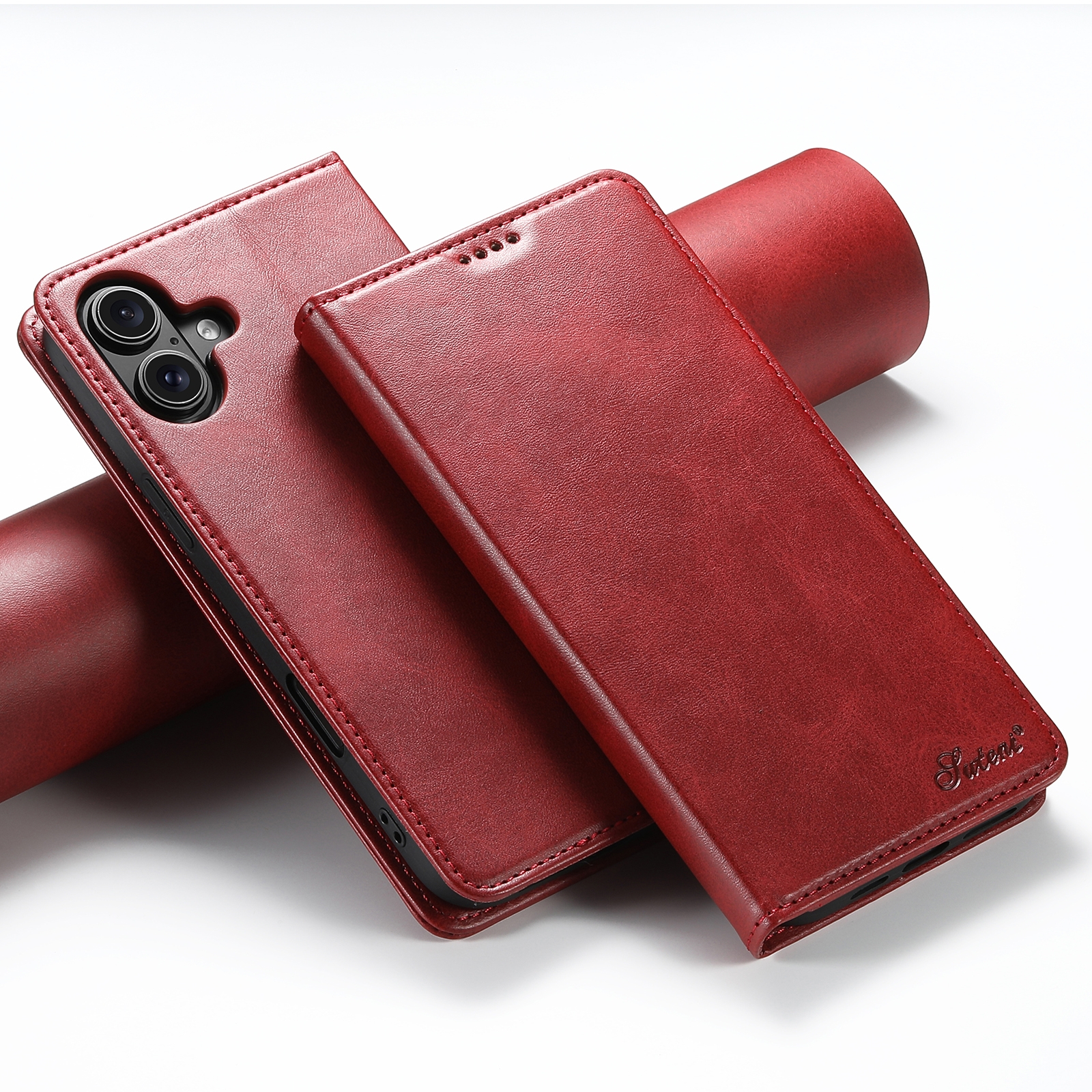 For iPhone 16 Suteni Calf Texture Horizontal Flip Leather Phone Case(Red) For iPhone 16 Suteni Calf Texture Horizontal Flip Leather Phone Case(Red)