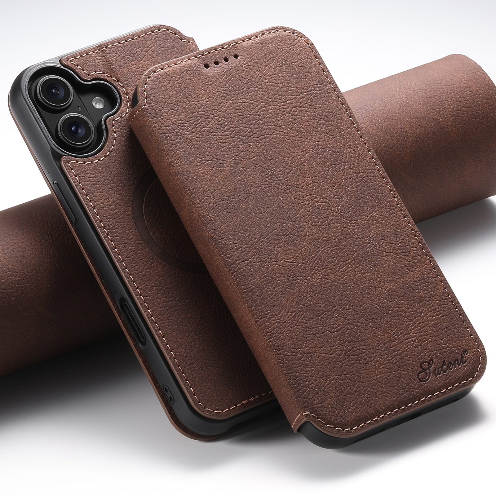 For iPhone 16 Suteni J06 Retro Matte Litchi Texture Leather MagSafe Phone Case(Brown) For iPhone 16 Suteni J06 Retro Matte Litchi Texture Leather MagSafe Phone Case(Brown)