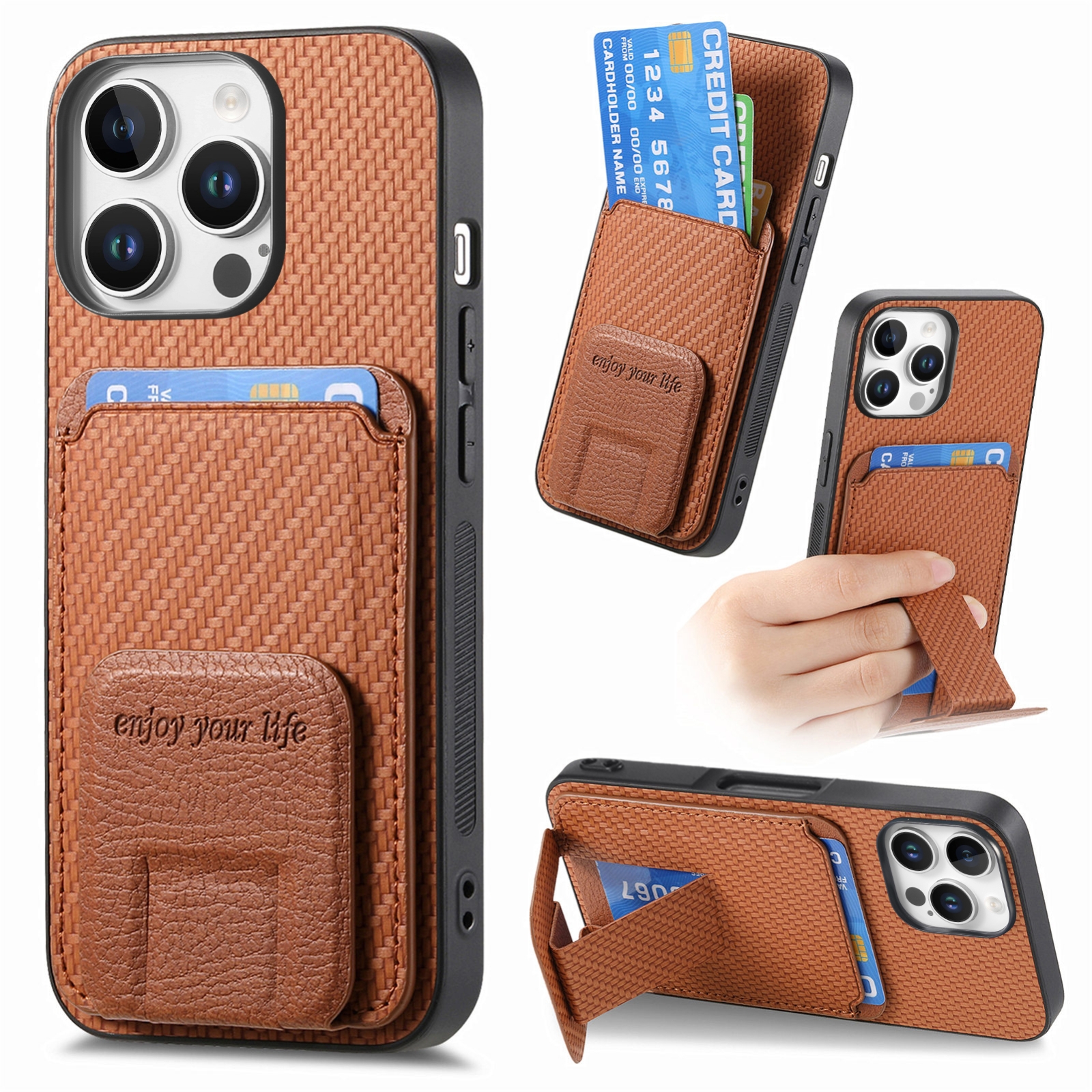 For iPhone 16 Pro Carbon Fiber Card Bag Fold Stand Phone Case(Brown) For iPhone 16 Pro Carbon Fiber Card Bag Fold Stand Phone Case(Brown)