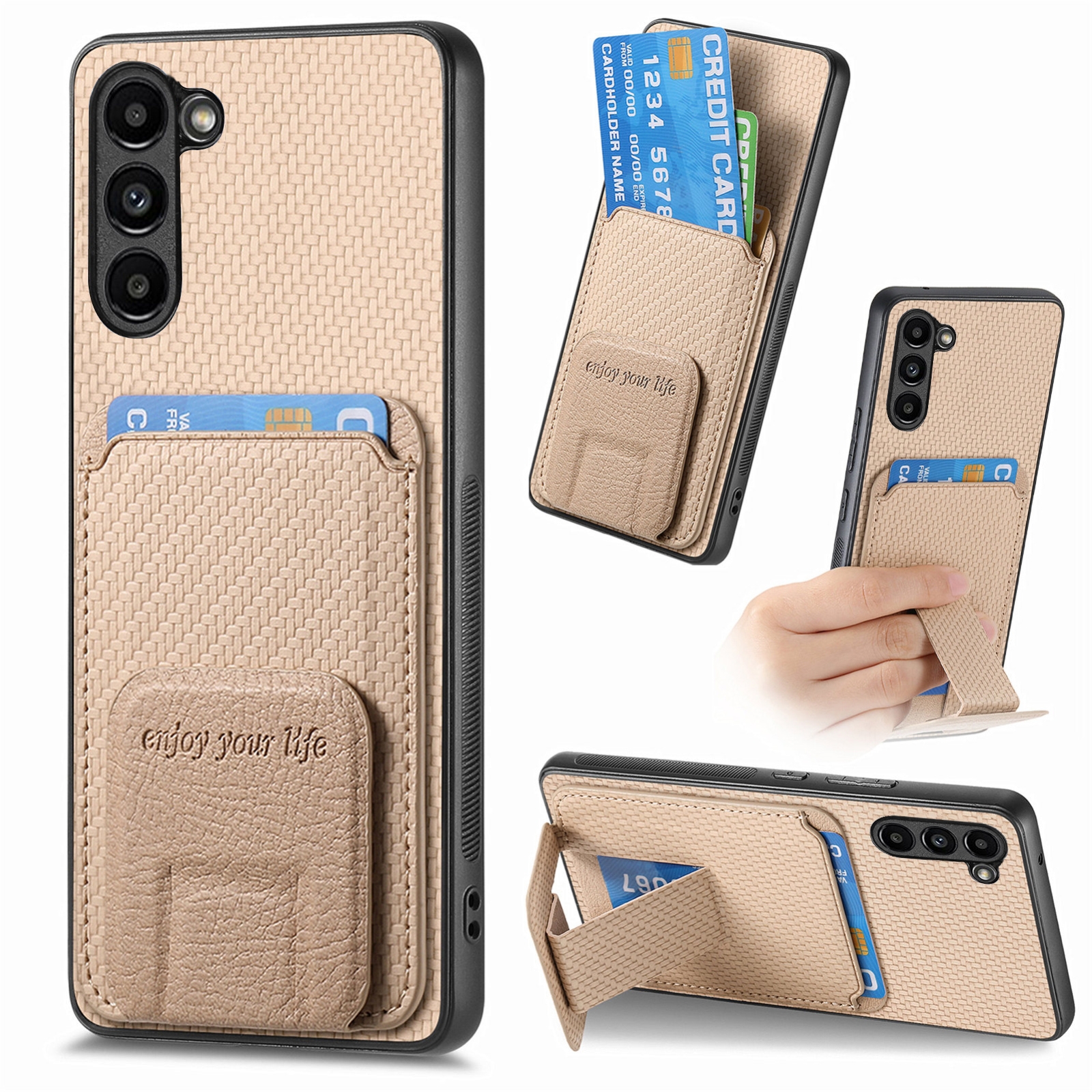 For Samsung Galaxy S23+ 5G Carbon Fiber Card Bag Fold Stand Phone Case(Khaki) For Samsung Galaxy S23+ 5G Carbon Fiber Card Bag Fold Stand Phone Case(Khaki)