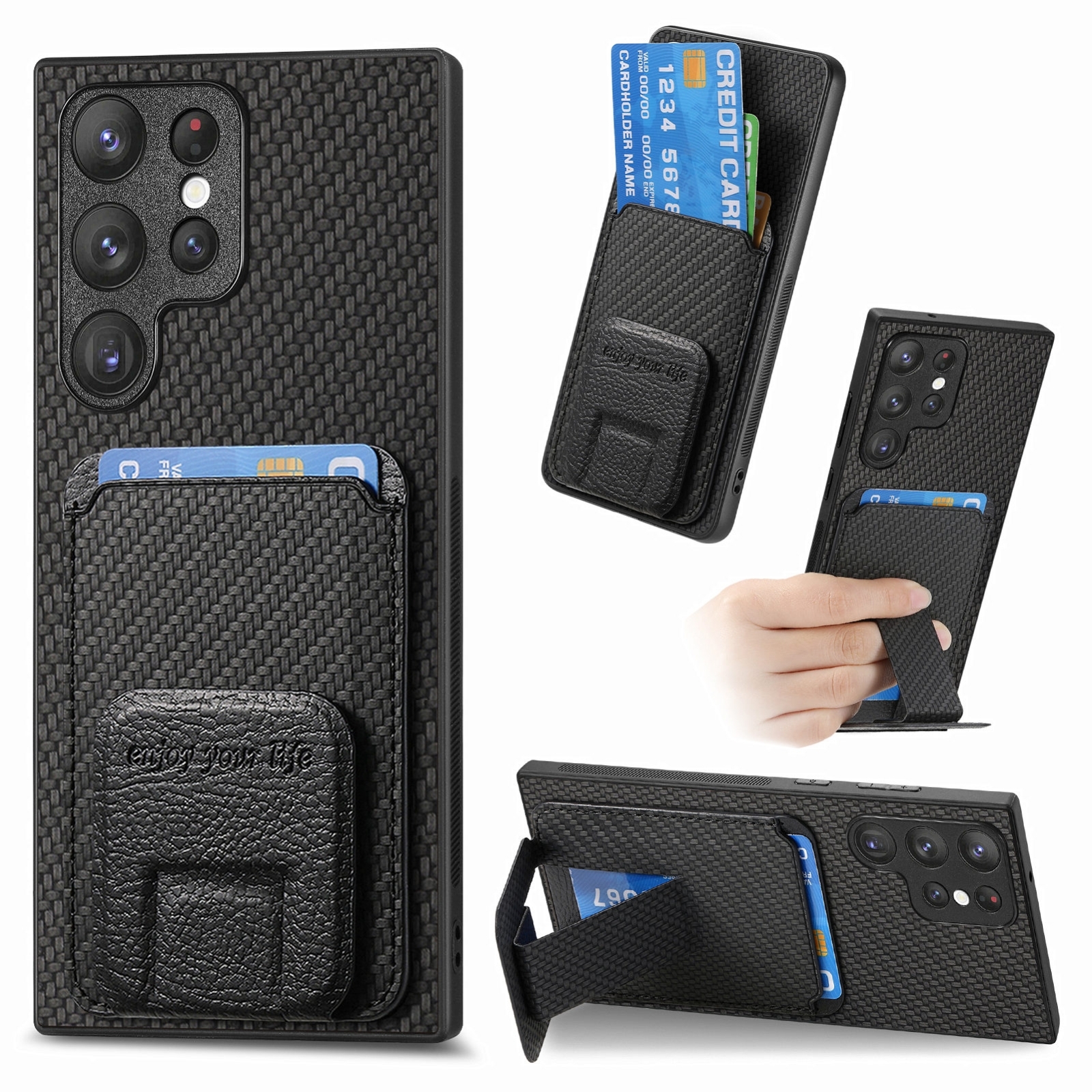 For Samsung Galaxy S22 Ultra 5G Carbon Fiber Card Bag Fold Stand Phone Case(Black) For Samsung Galaxy S22 Ultra 5G Carbon Fiber Card Bag Fold Stand Phone Case(Black)