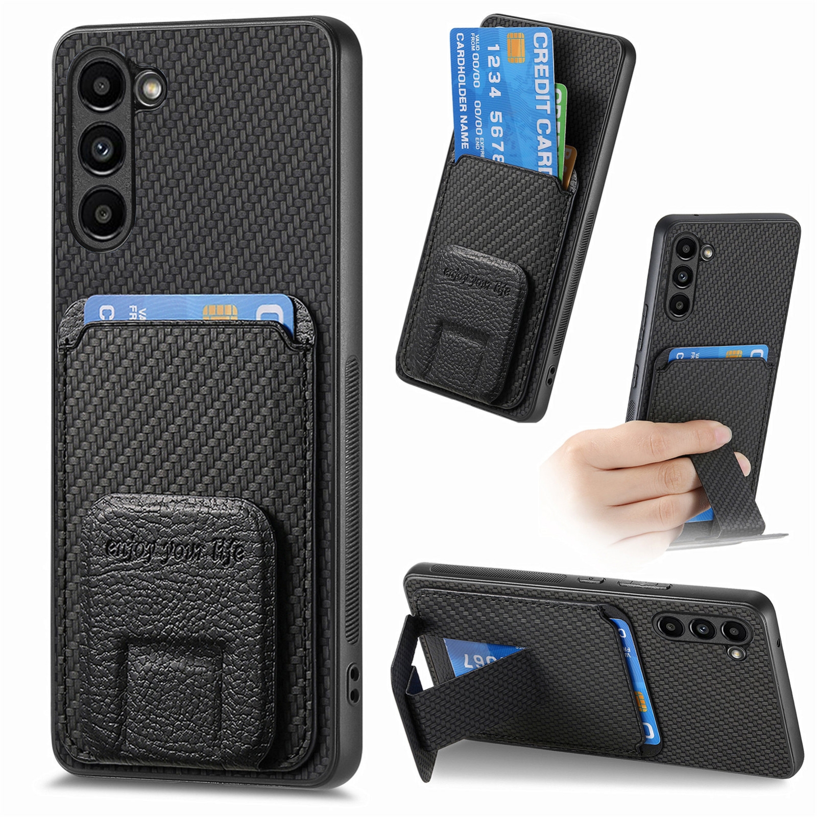 For Samsung Galaxy S22+ 5G Carbon Fiber Card Bag Fold Stand Phone Case(Black) For Samsung Galaxy S22+ 5G Carbon Fiber Card Bag Fold Stand Phone Case(Black)
