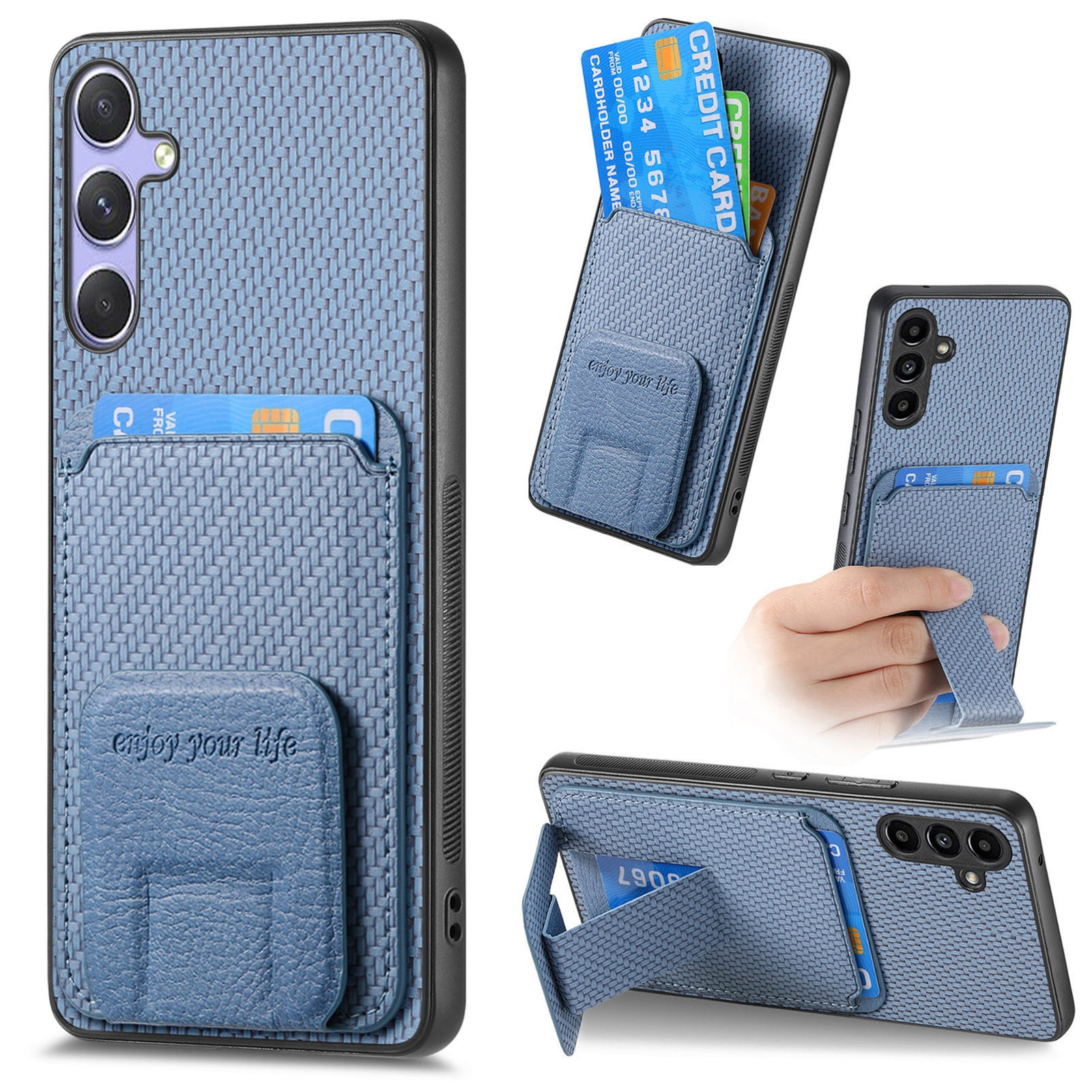 For Samsung Galaxy S25+ 5G Carbon Fiber Card Bag Fold Stand Phone Case(Blue) For Samsung Galaxy S25+ 5G Carbon Fiber Card Bag Fold Stand Phone Case(Blue)