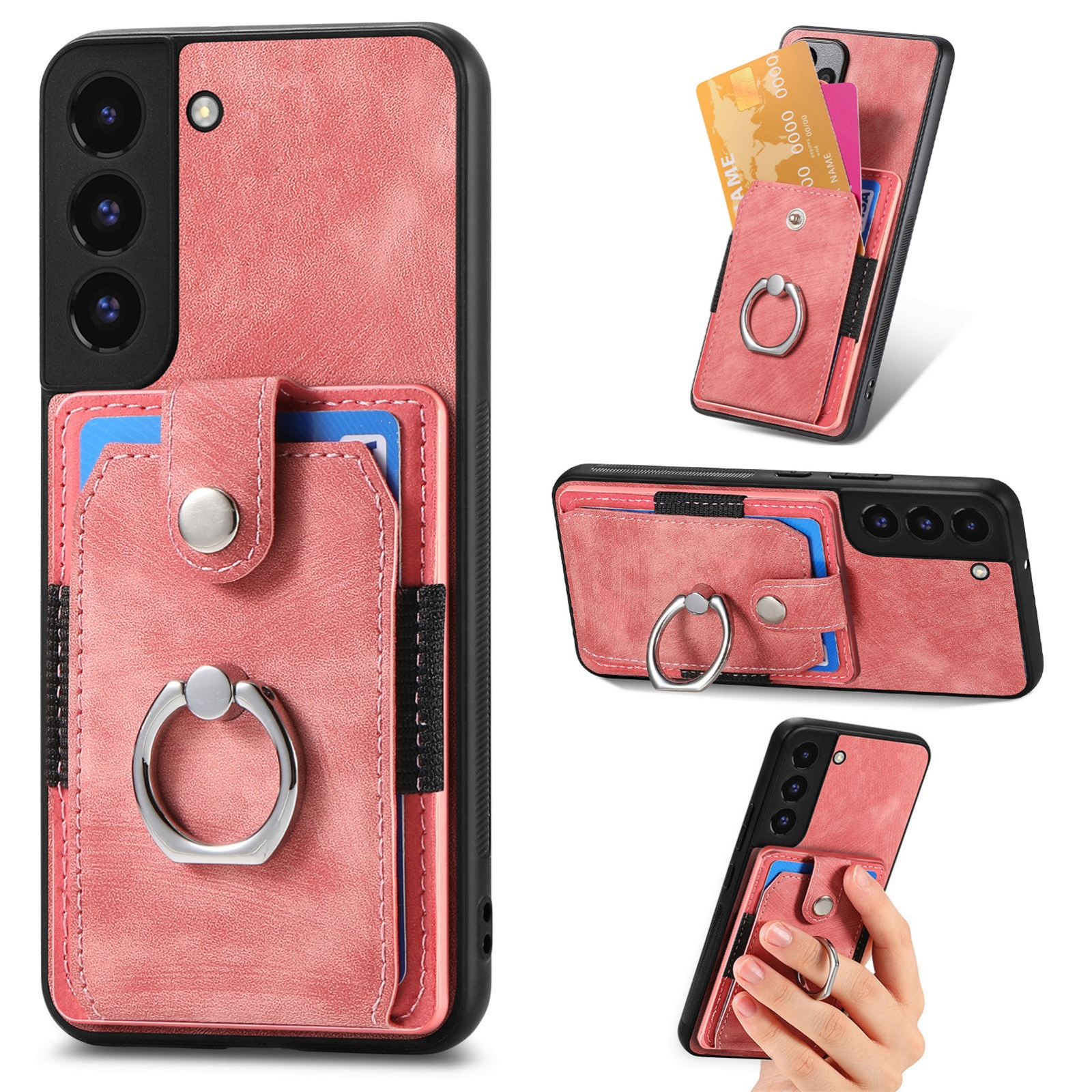 For Samsung Galaxy S22+ 5G Retro Skin-feel Ring Card Wallet Phone Case(Pink) For Samsung Galaxy S22+ 5G Retro Skin-feel Ring Card Wallet Phone Case(Pink)