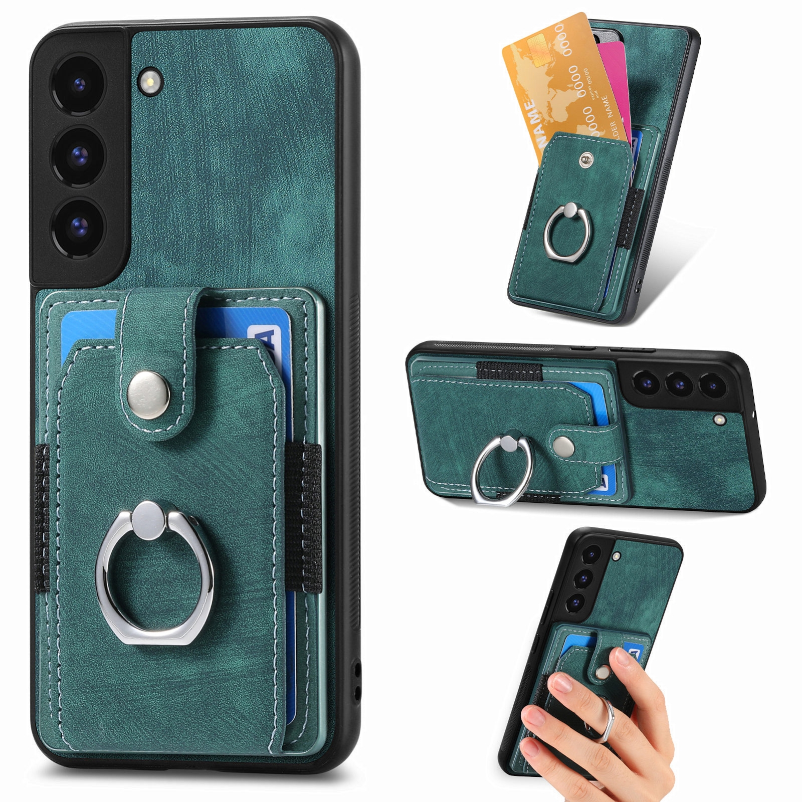 For Samsung Galaxy S22 5G Retro Skin-feel Ring Card Wallet Phone Case(Green) For Samsung Galaxy S22 5G Retro Skin-feel Ring Card Wallet Phone Case(Green)