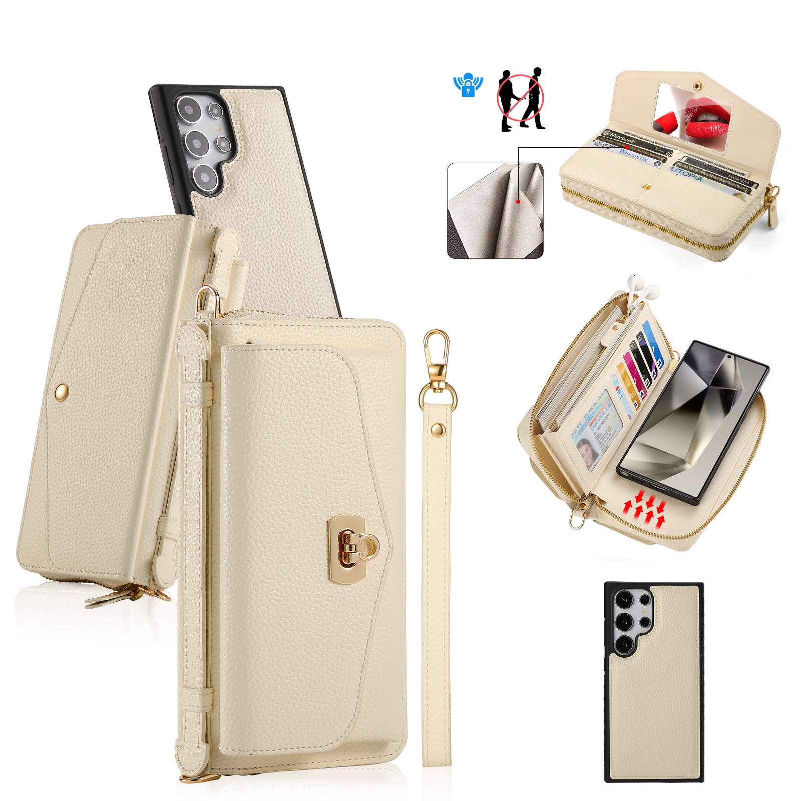 For Samsung Galaxy S24 5G Crossbody Multi-functional Zipper Wallet Litchi Leather Phone Case(Beige) For Samsung Galaxy S24 5G Crossbody Multi-functional Zipper Wallet Litchi Leather Phone Case(Beige)
