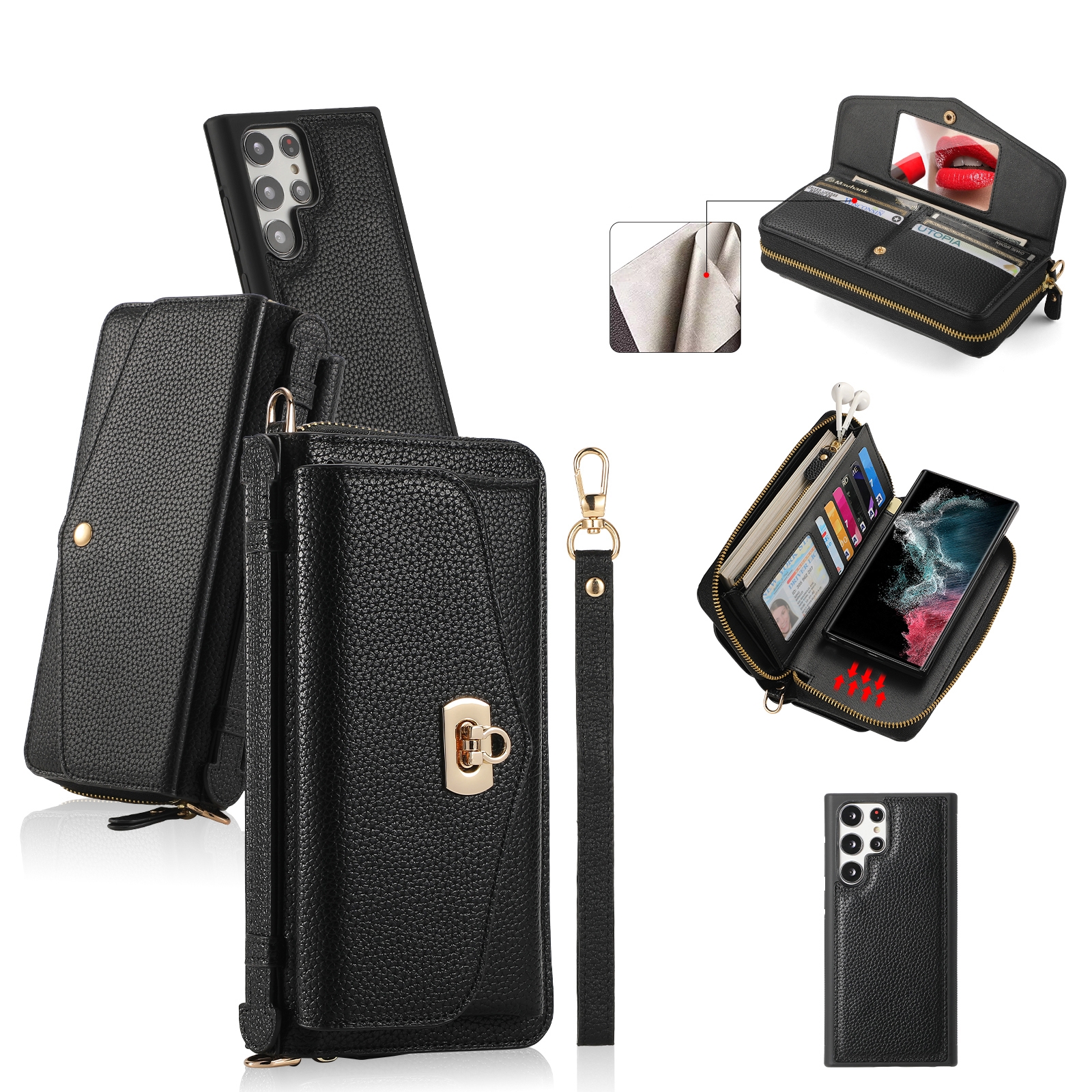 For Samsung Galaxy S22 Ultra 5G Crossbody Multi-functional Zipper Wallet Litchi Leather Phone Case(Black) For Samsung Galaxy S22 Ultra 5G Crossbody Multi-functional Zipper Wallet Litchi Leather Phone Case(Black)