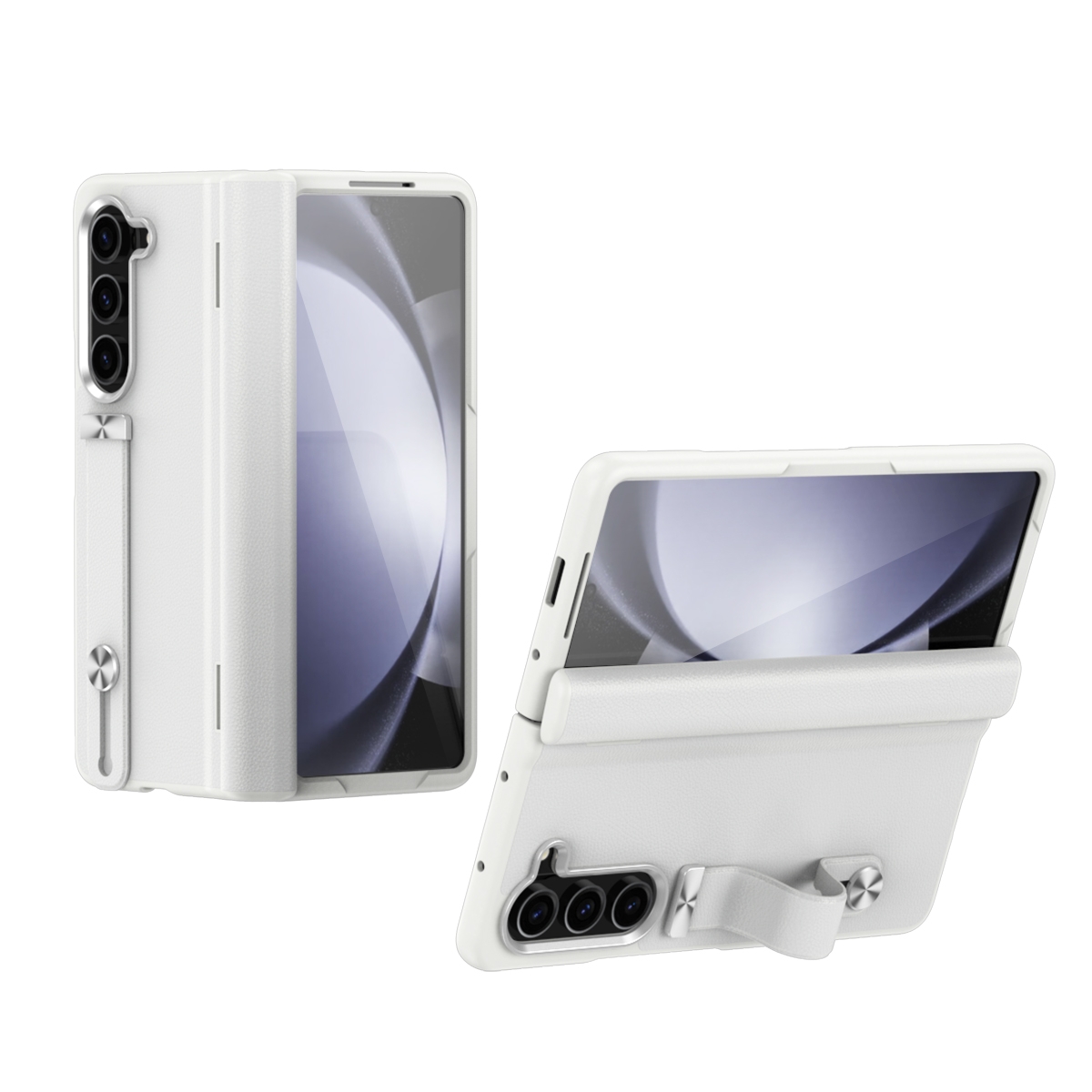 For Samsung Galaxy Z Fold5 5G Wristband Holder Grain Leather Folding Phone Case(White) For Samsung Galaxy Z Fold5 5G Wristband Holder Grain Leather Folding Phone Case(White)