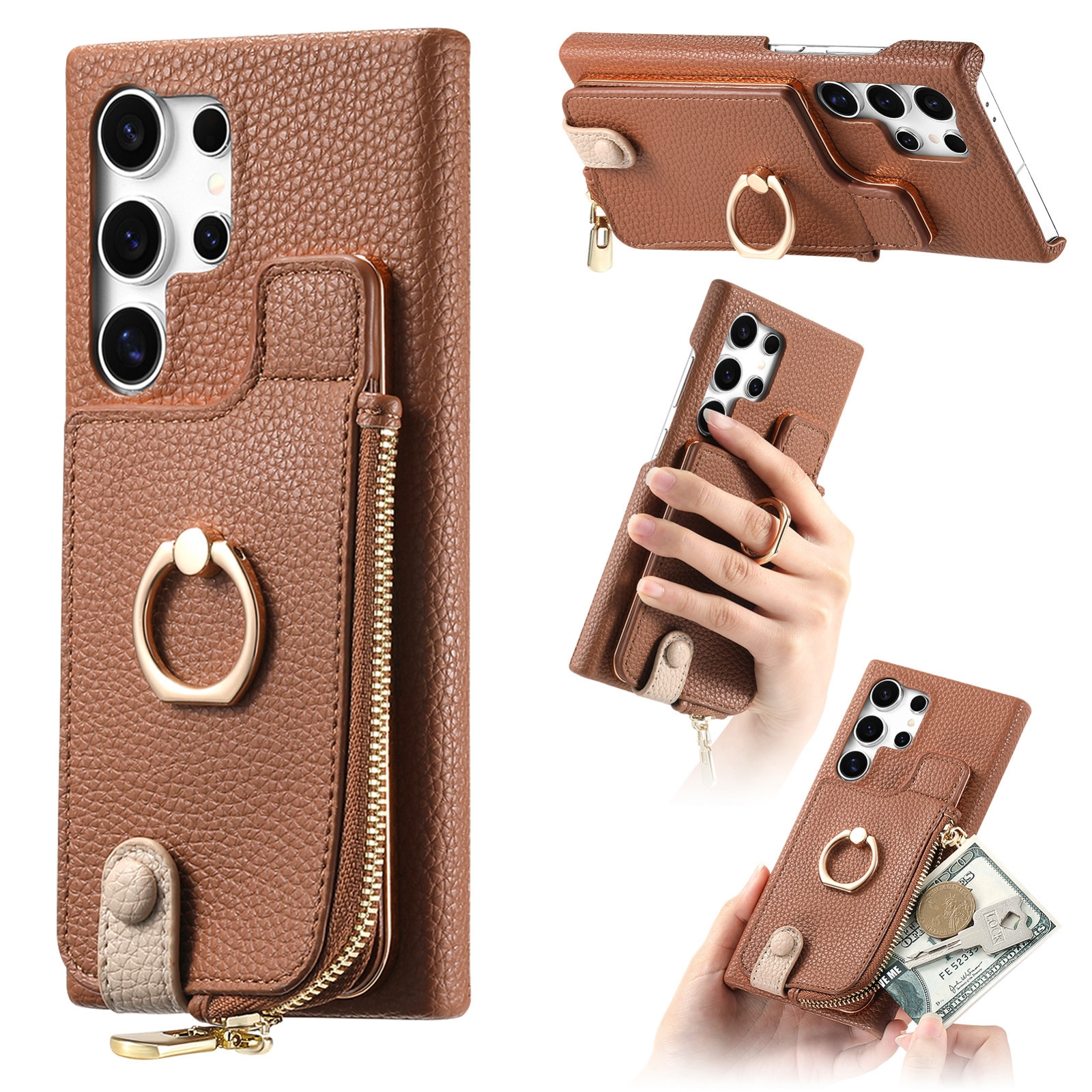 For Samsung Galaxy S24 Ultra 5G Litchi Leather Oil Edge Ring Zipper Wallet Back Phone Case(Brown) For Samsung Galaxy S24 Ultra 5G Litchi Leather Oil Edge Ring Zipper Wallet Back Phone Case(Brown)