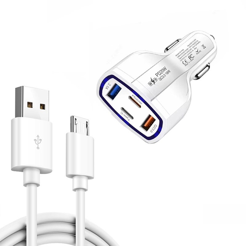 P49 53W PD20W Type-C + USB 4-port Car Charger with USB to Micro USB Data Cable(White) P49 53W PD20W Type-C + USB 4-port Car Charger with USB to Micro USB Data Cable(White)