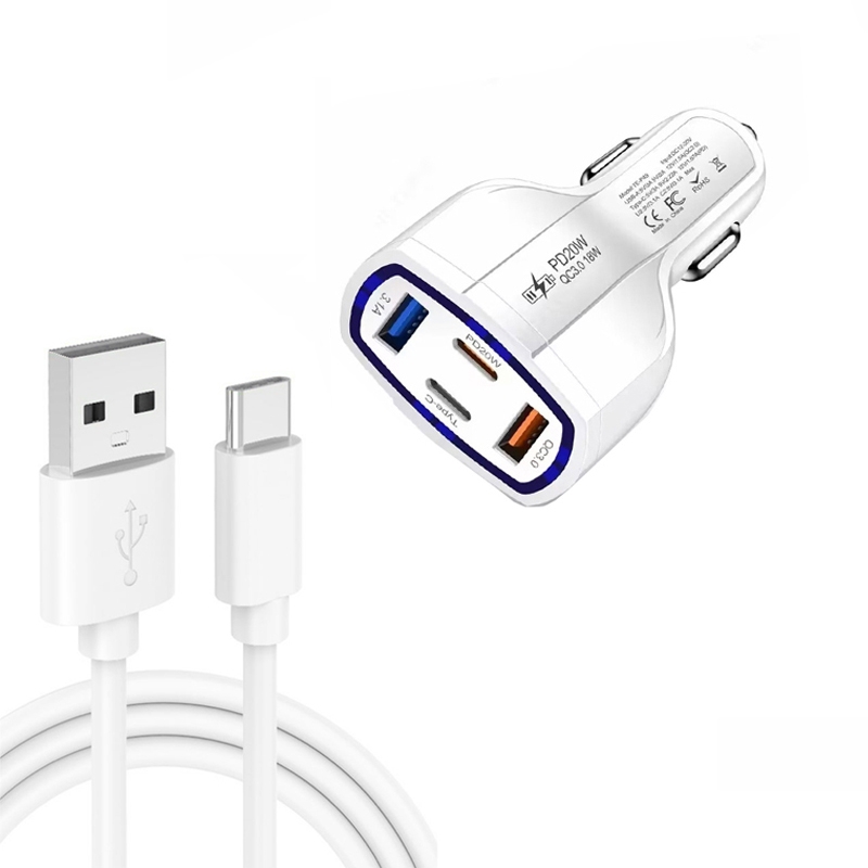 P49 53W PD20W Type-C + USB 4-port Car Charger with USB to Type-C Data Cable(White) P49 53W PD20W Type-C + USB 4-port Car Charger with USB to Type-C Data Cable(White)