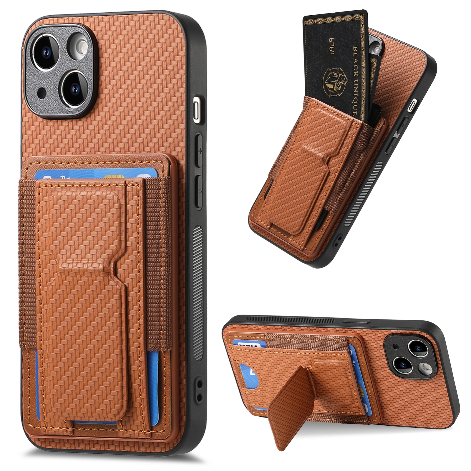 For iPhone 15 Carbon Fiber Fold Stand Elastic Card Bag Phone Case(Brown) For iPhone 15 Carbon Fiber Fold Stand Elastic Card Bag Phone Case(Brown)