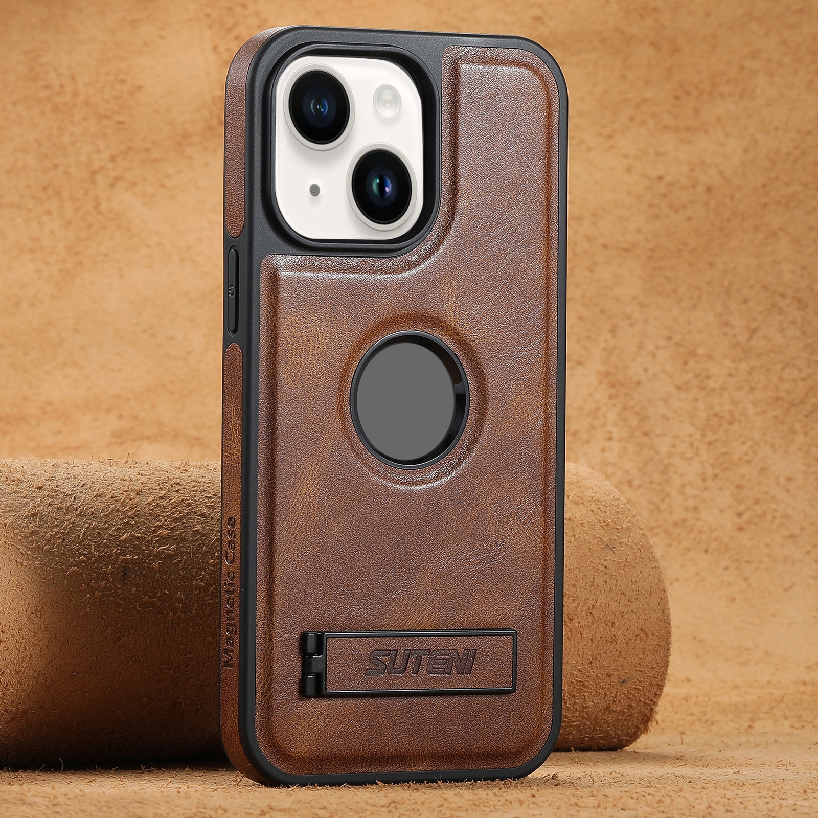 For iPhone 14 Suteni G2 Magsafe Oil Wax Leather Back Phone Case with Holder(Brown) For iPhone 14 Suteni G2 Magsafe Oil Wax Leather Back Phone Case with Holder(Brown)