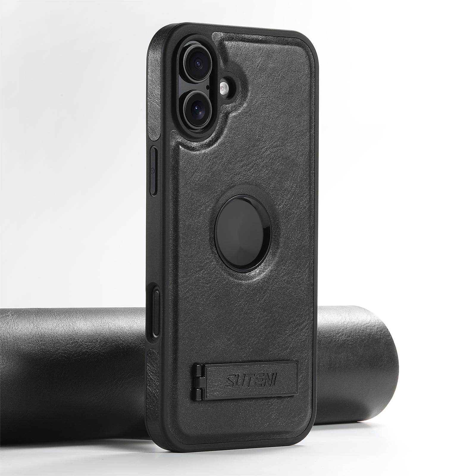For iPhone 16 Plus Suteni G2 Magsafe Oil Wax Leather Back Phone Case with Holder(Black) For iPhone 16 Plus Suteni G2 Magsafe Oil Wax Leather Back Phone Case with Holder(Black)