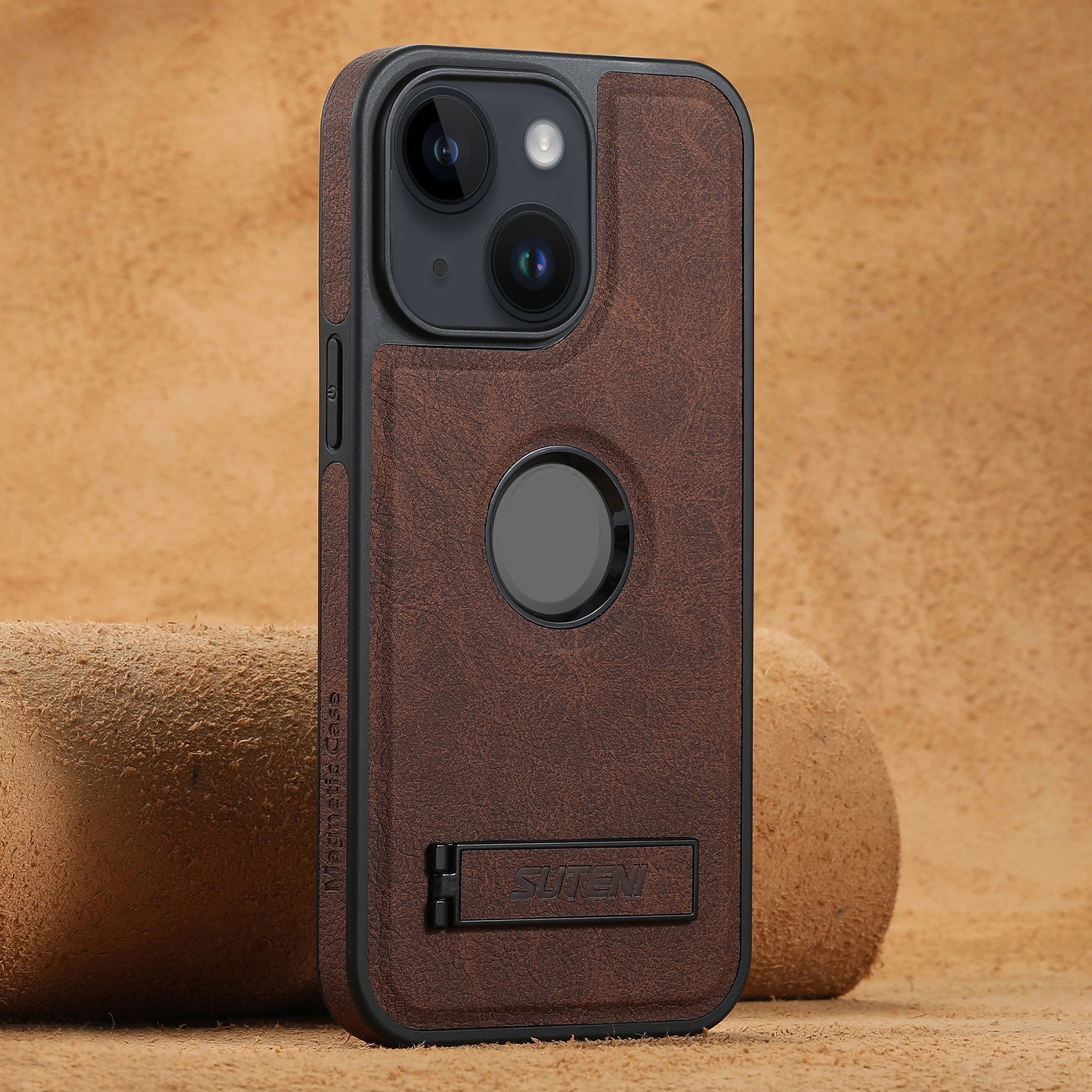 For iPhone 14 Suteni G2 Magsafe Litchi Texture Leather Back Phone Case with Holder(Brown) For iPhone 14 Suteni G2 Magsafe Litchi Texture Leather Back Phone Case with Holder(Brown)