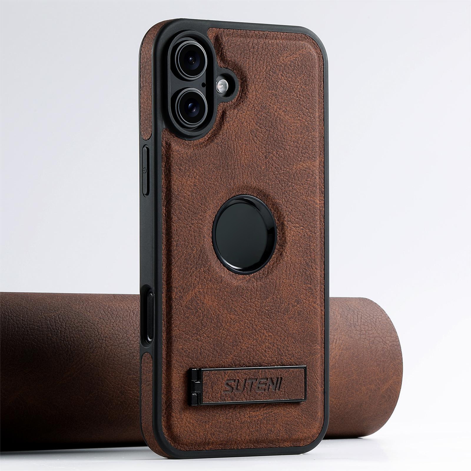 For iPhone 16 Suteni G2 Magsafe Litchi Texture Leather Back Phone Case with Holder(Brown) For iPhone 16 Suteni G2 Magsafe Litchi Texture Leather Back Phone Case with Holder(Brown)