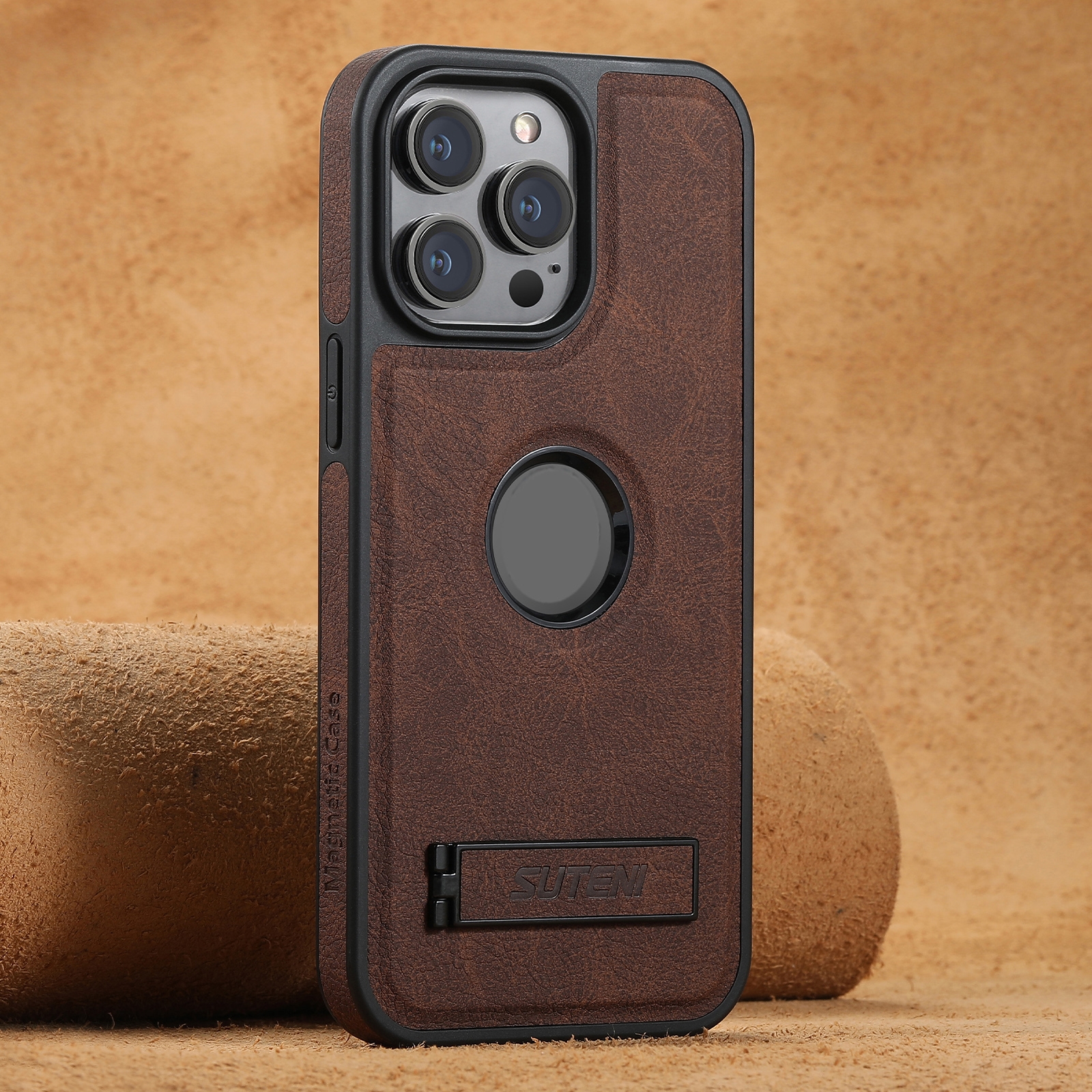 For iPhone 16 Pro Suteni G2 Magsafe Litchi Texture Leather Back Phone Case with Holder(Brown) For iPhone 16 Pro Suteni G2 Magsafe Litchi Texture Leather Back Phone Case with Holder(Brown)