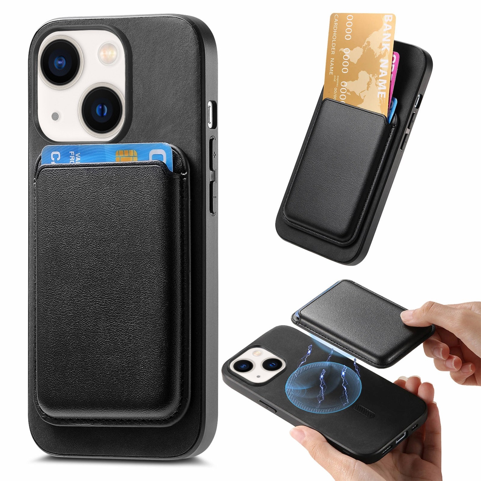 For iPhone 14 Plus Retro Magsafe Card Bag PU Back Cover Phone Case(Black) For iPhone 14 Plus Retro Magsafe Card Bag PU Back Cover Phone Case(Black)