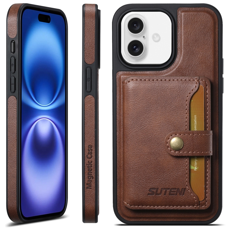 For iPhone 16 Plus Suteni M1 Oil Wax MagSafe Detachable Horizontal Card Bag Phone Case(Brown) For iPhone 16 Plus Suteni M1 Oil Wax MagSafe Detachable Horizontal Card Bag Phone Case(Brown)