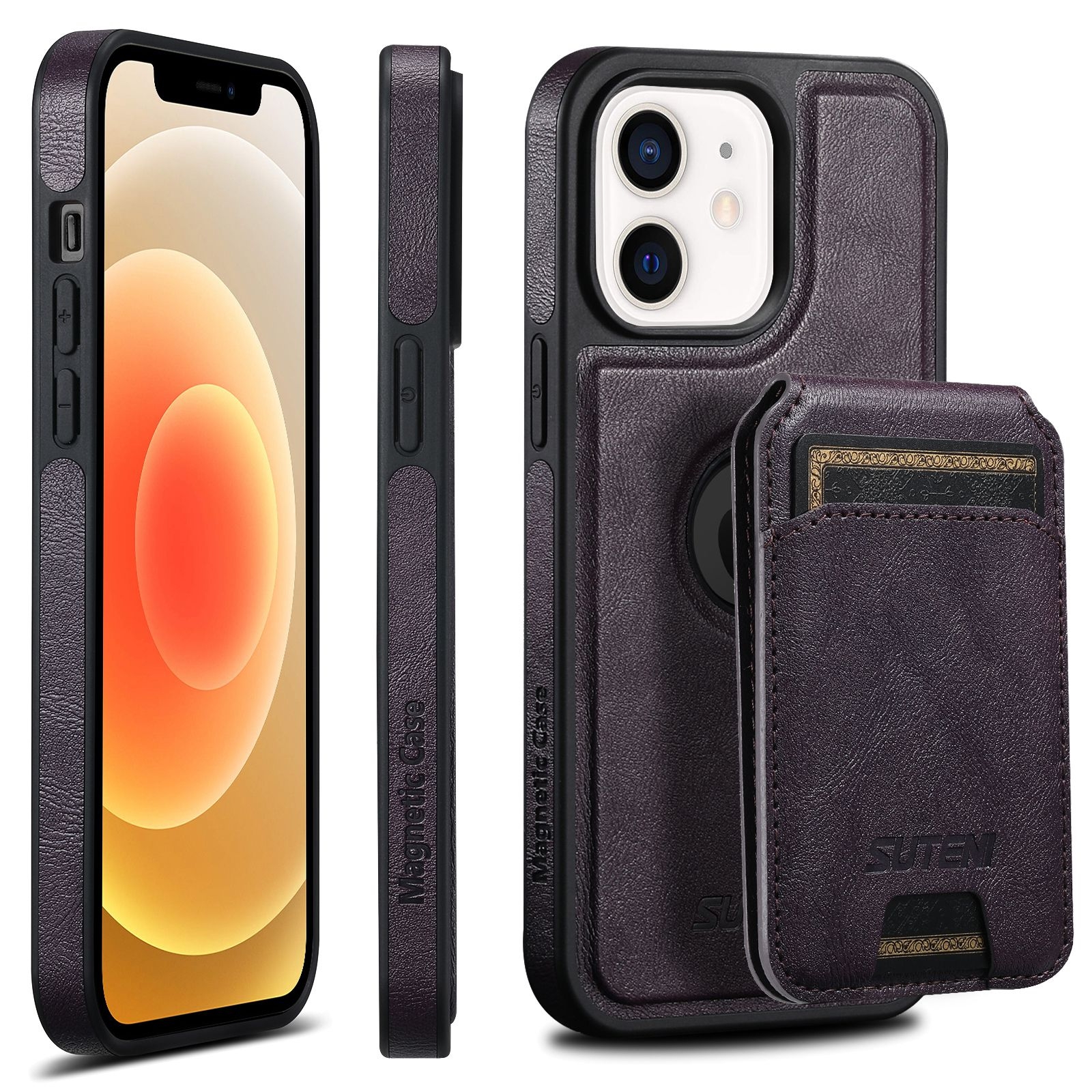 For iPhone 12 Suteni M2 Oil Wax MagSafe Horizontal Card Bag Phone Case(Purple) For iPhone 12 Suteni M2 Oil Wax MagSafe Horizontal Card Bag Phone Case(Purple)