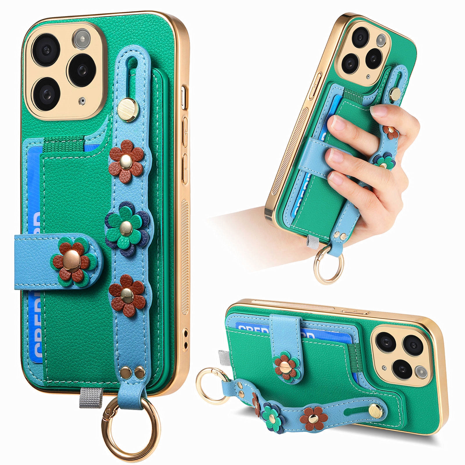 For iPhone 11 Pro Stereoscopic Flowers Wristband Card Bag Phone Case(Green) For iPhone 11 Pro Stereoscopic Flowers Wristband Card Bag Phone Case(Green)