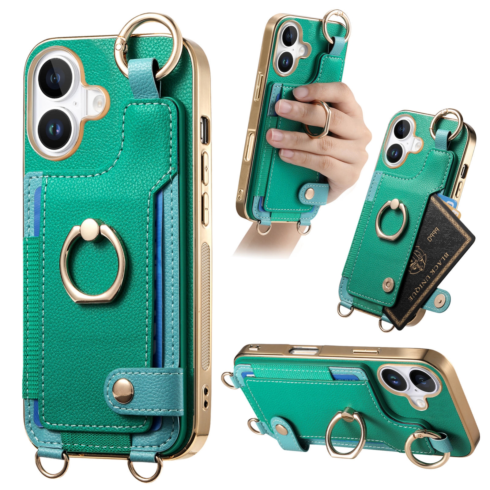 For iPhone 16 Plus Fashion Ring Card Bag Phone Case with Hang Loop(Green) For iPhone 16 Plus Fashion Ring Card Bag Phone Case with Hang Loop(Green)