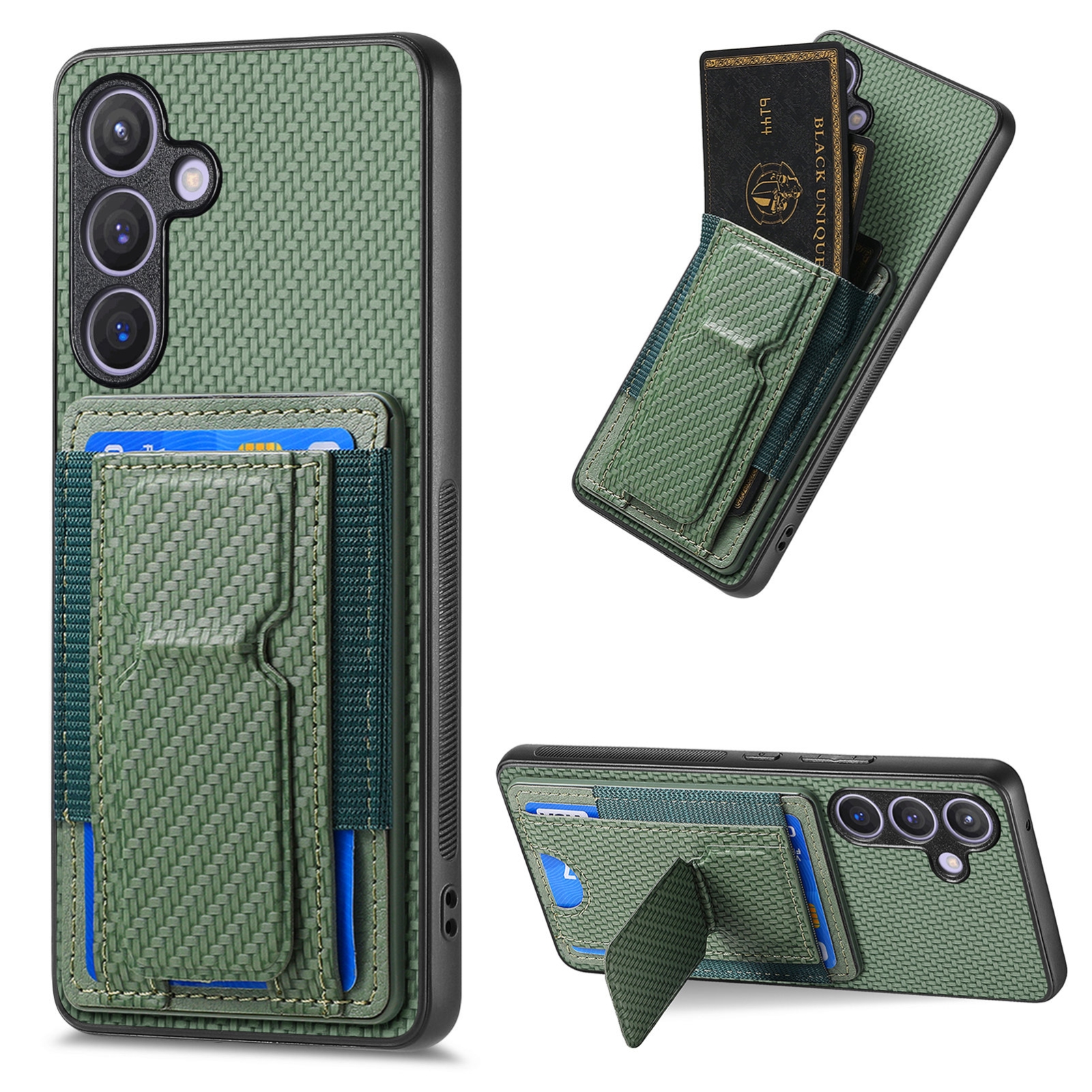 For Samsung Galaxy S24 5G Carbon Fiber Fold Stand Elastic Card Bag Phone Case(Green) For Samsung Galaxy S24 5G Carbon Fiber Fold Stand Elastic Card Bag Phone Case(Green)