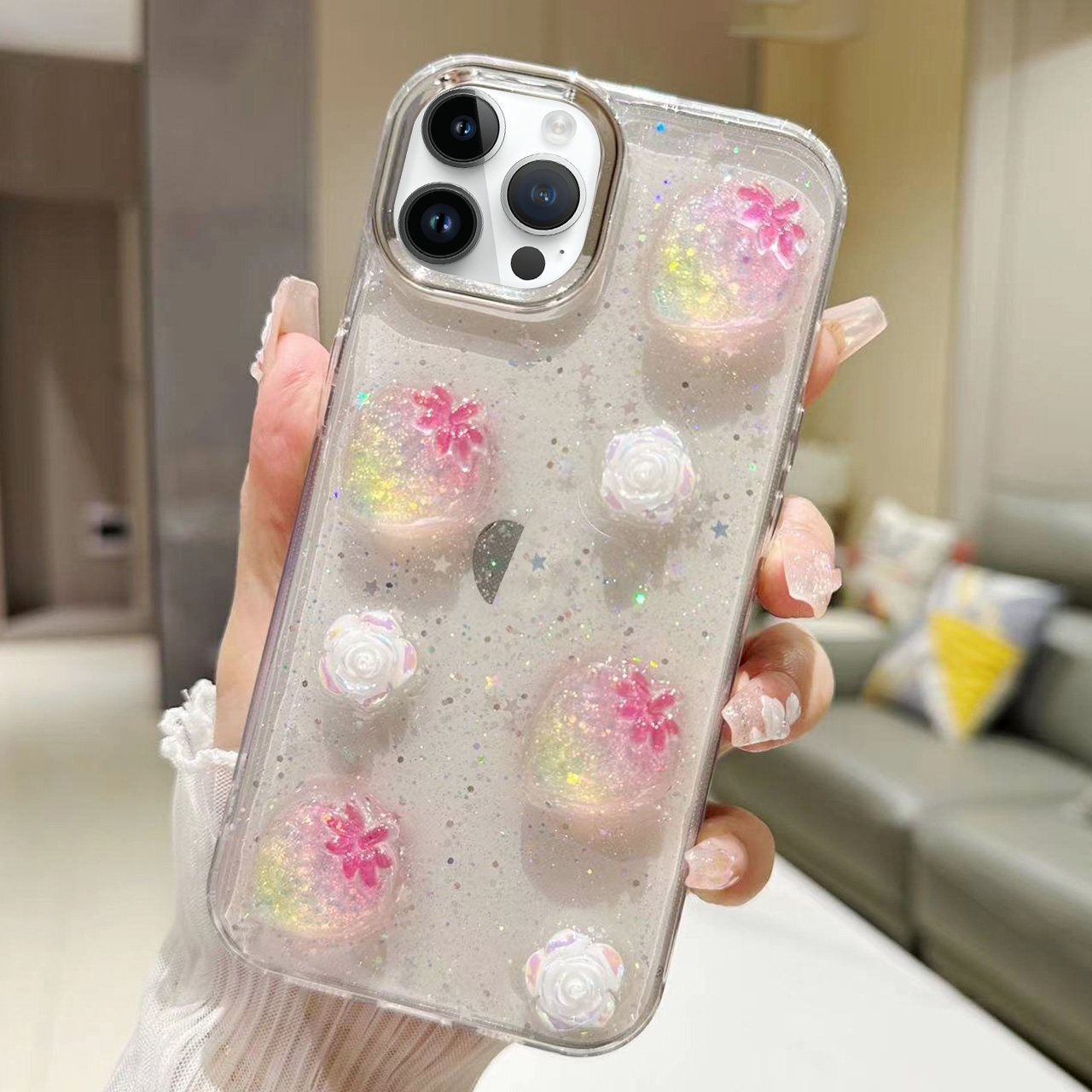 For iPhone 14 Pro 3D Flower Glitter Epoxy TPU Phone Case(Pink Strawberry) For iPhone 14 Pro 3D Flower Glitter Epoxy TPU Phone Case(Pink Strawberry)