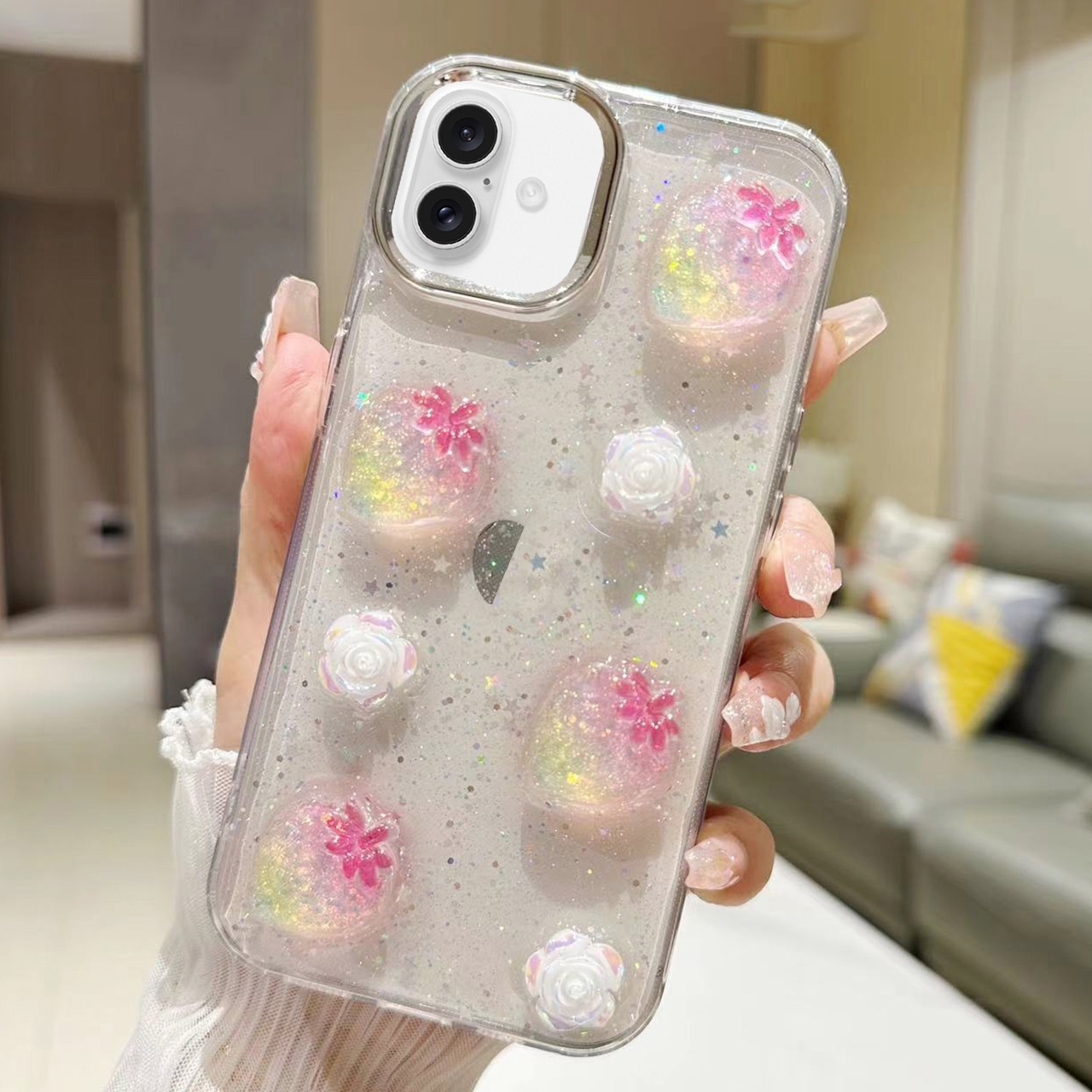 For iPhone 16 Plus 3D Flower Glitter Epoxy TPU Phone Case(Pink Strawberry) For iPhone 16 Plus 3D Flower Glitter Epoxy TPU Phone Case(Pink Strawberry)