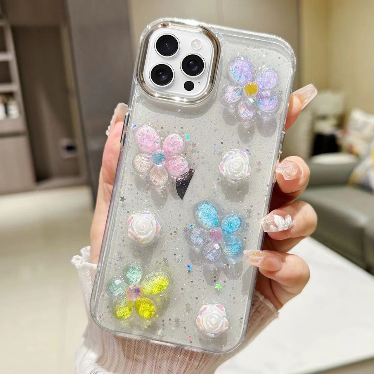For iPhone 16 Pro Max 3D Flower Glitter Epoxy TPU Phone Case(Colorful Flowers) For iPhone 16 Pro Max 3D Flower Glitter Epoxy TPU Phone Case(Colorful Flowers)