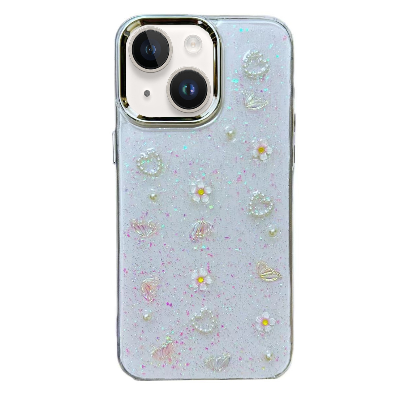 For iPhone 15 Plus 3D Bow Pearl Love Flower TPU Phone Case(Butterfly Love Flowers) For iPhone 15 Plus 3D Bow Pearl Love Flower TPU Phone Case(Butterfly Love Flowers)